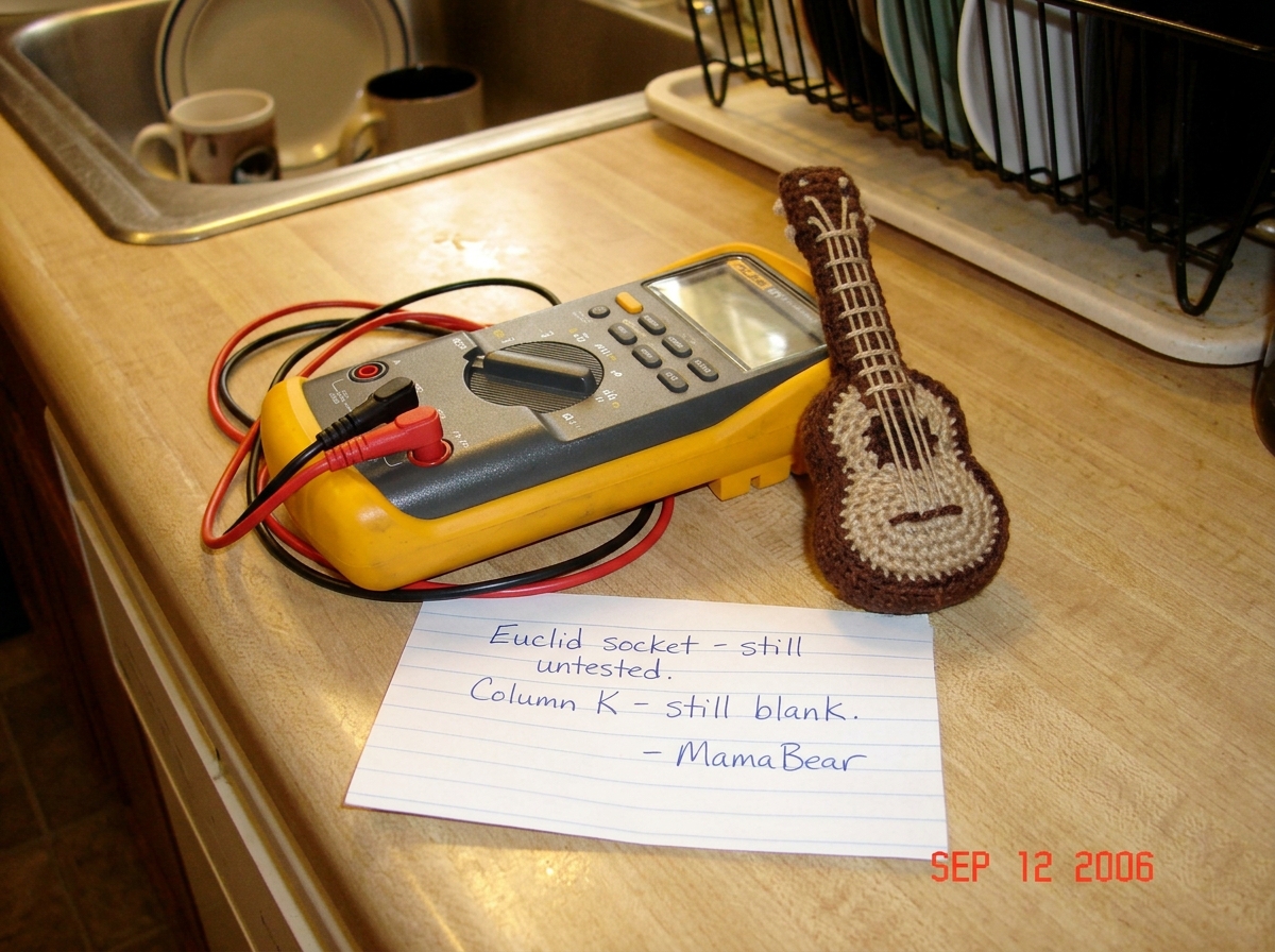 A Fluke 87V multimeter sitting on a kitchen counter next to a tiny crocheted guitar, with a handwritten note reading 'Euclid socket - still untested. Column K - still blank. - MamaBear'