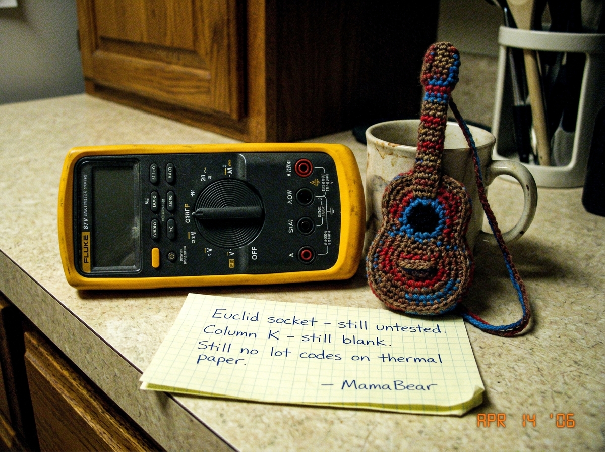 A Fluke 87V multimeter sitting on a kitchen counter next to a tiny crocheted guitar, with a handwritten note reading 'Euclid socket - still untested. Column K - still blank. Still no lot codes on thermal paper. - MamaBear'