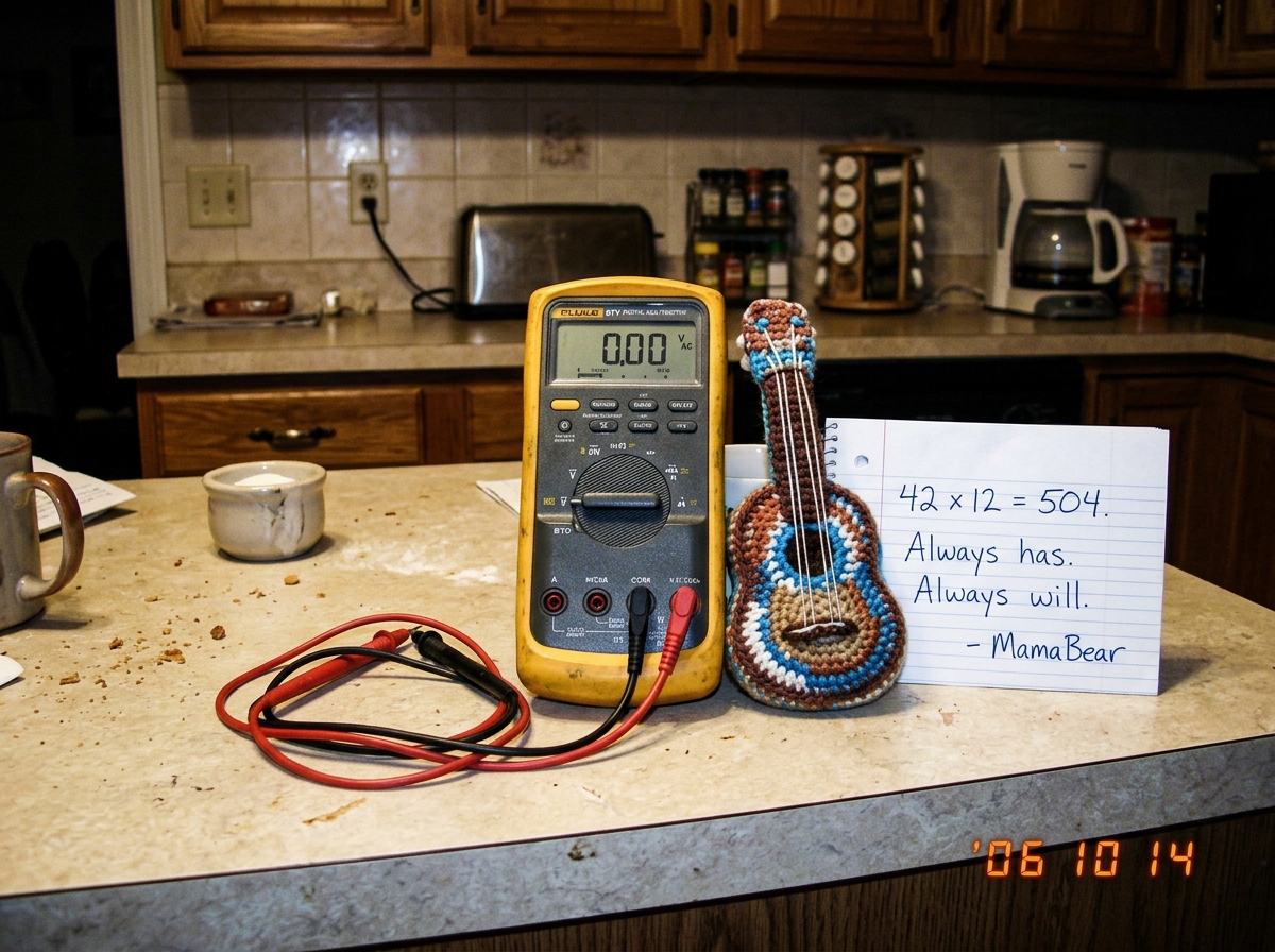 A Fluke 87V multimeter sitting on a kitchen counter next to a tiny crocheted guitar, with a handwritten note reading '42 x 12 = 504. Always has. Always will. - MamaBear'