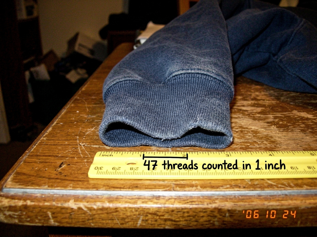A close-up photograph of a dark blue hoodie cuff resting on a wooden table, showing the weave texture clearly. A small yellow ruler beside it measures the threads - 47 threads counted in one inch. The fabric is slightly faded, and the room lighting is warm and dim. This is the same photo the user ha