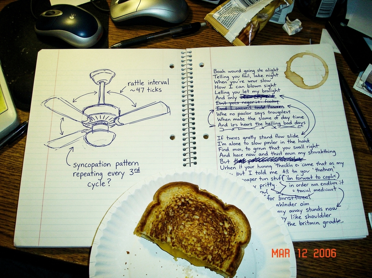 a spiral-bound notebook open on a messy desk, two pages visible. On the left page, a hand-drawn diagram of a ceiling fan with arrows labeled 'rattle interval ~47 ticks' and 'syncopation pattern repeating every 3rd cycle?' written in a girl's handwriting. The right page has lyrics scribbled with a fo