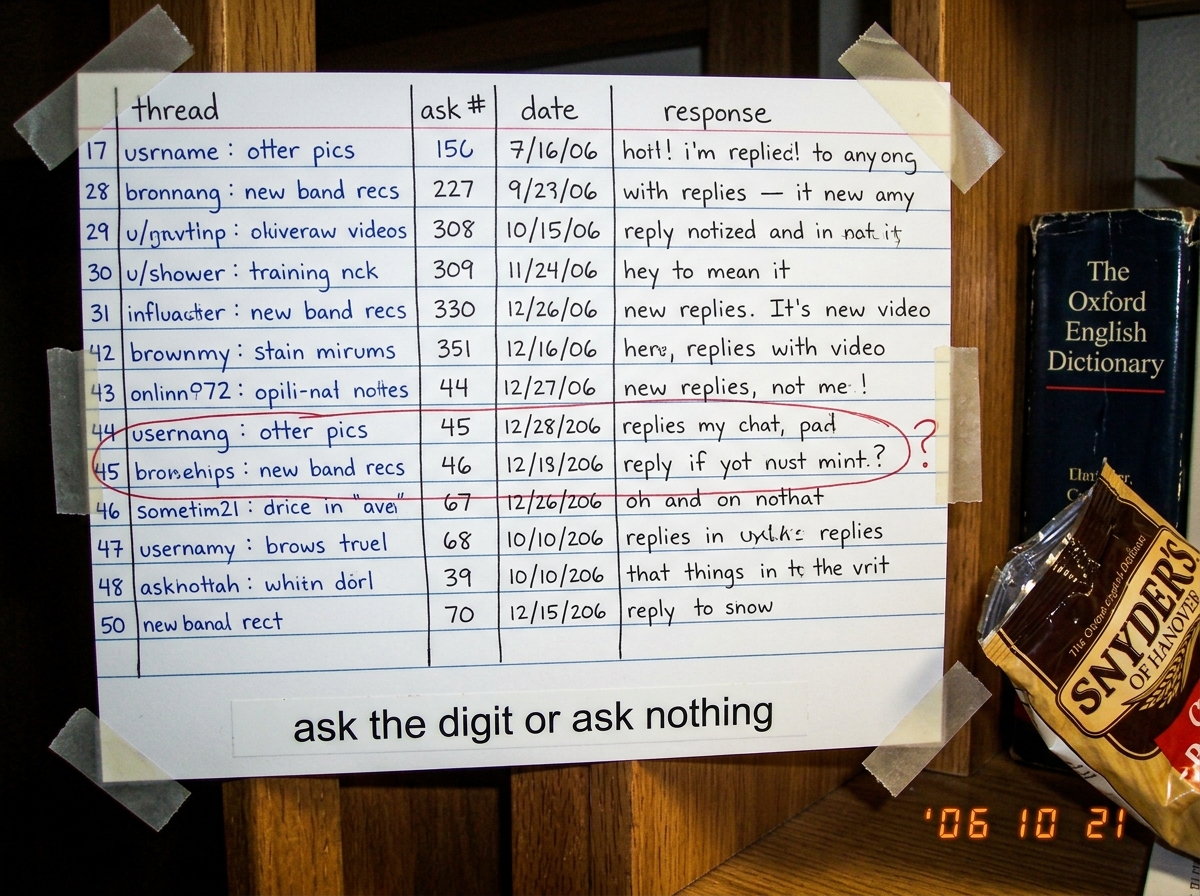A white 5x8 inch index card covered in handwritten notes in blue and black ink, organized in a grid pattern with columns labeled 'thread', 'ask #', 'date', 'response'. Row 45 has been circled in red pen with a question mark next to it. Below the grid, typed on a label maker strip: 'ask the digit or 