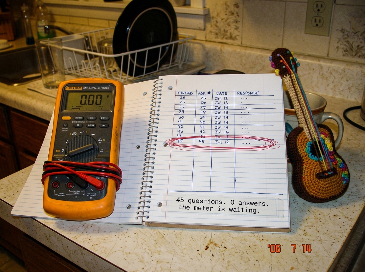 A Fluke 87V multimeter sitting on a kitchen counter next to a tiny crocheted guitar and a spiral notebook. The notebook is open to a page with a hand-drawn grid of columns labeled 'thread', 'ask #', 'date', 'response'. Row 45 is circled in red pen. Below the grid, typed on a label maker strip: '45 q
