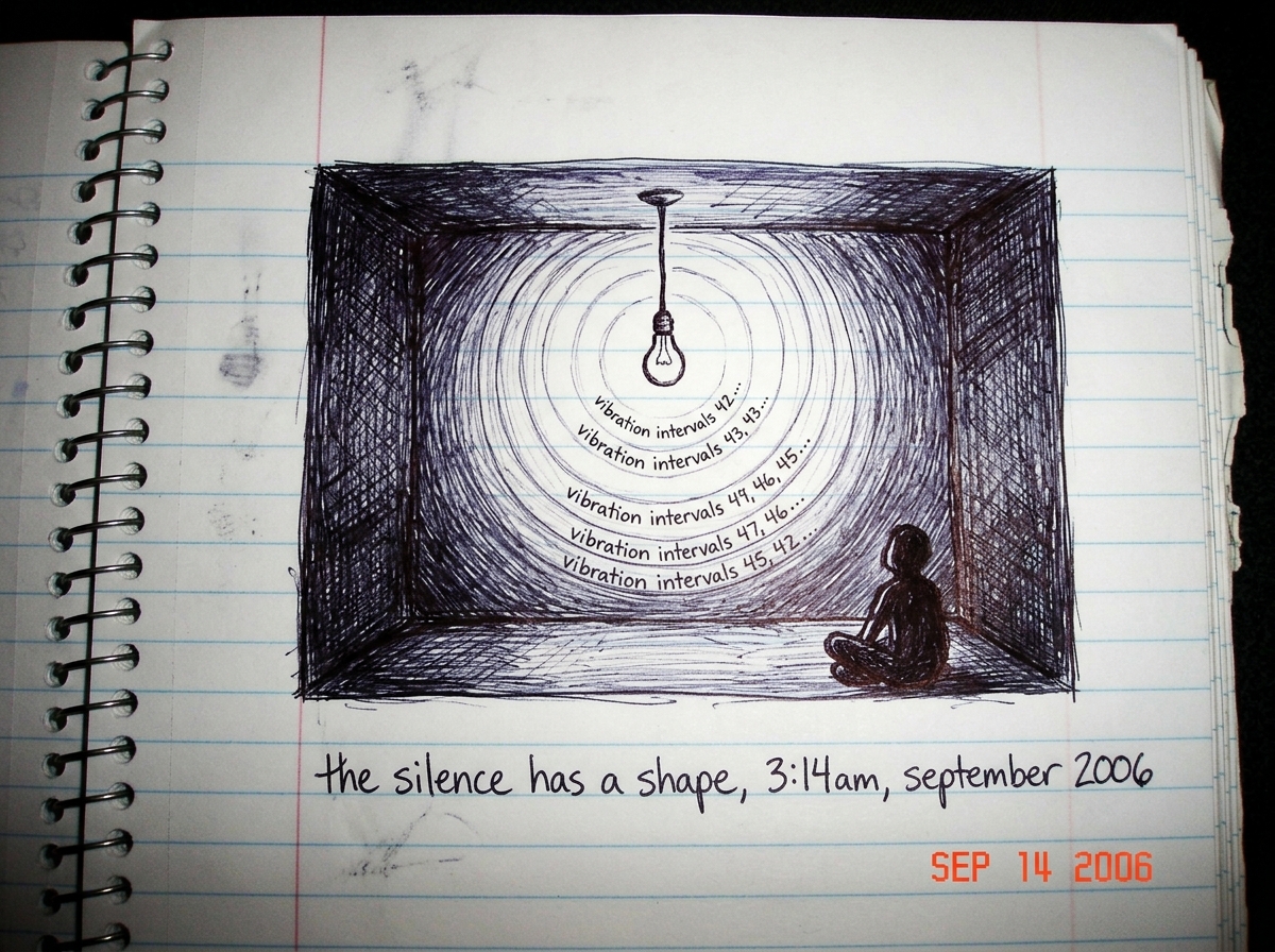 A pen-and-ink drawing on notebook paper, showing a dark room with a single bare lightbulb hanging from the ceiling. The lightbulb emits concentric rings of light labeled 'vibration intervals 47, 46, 45...' fading outward into black. In the corner of the room, a small figure sits cross-legged facing 
