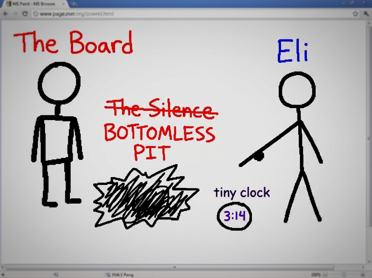 A very quick MS Paint drawing of a stick figure labeled 'The Board' standing next to a bottomless pit labeled 'T̷h̷e̷ ̷S̷i̷l̷e̷n̷c̷e̷' while another stick figure labeled 'Eli' is pointing at a tiny clock on the ground that says '3:14'