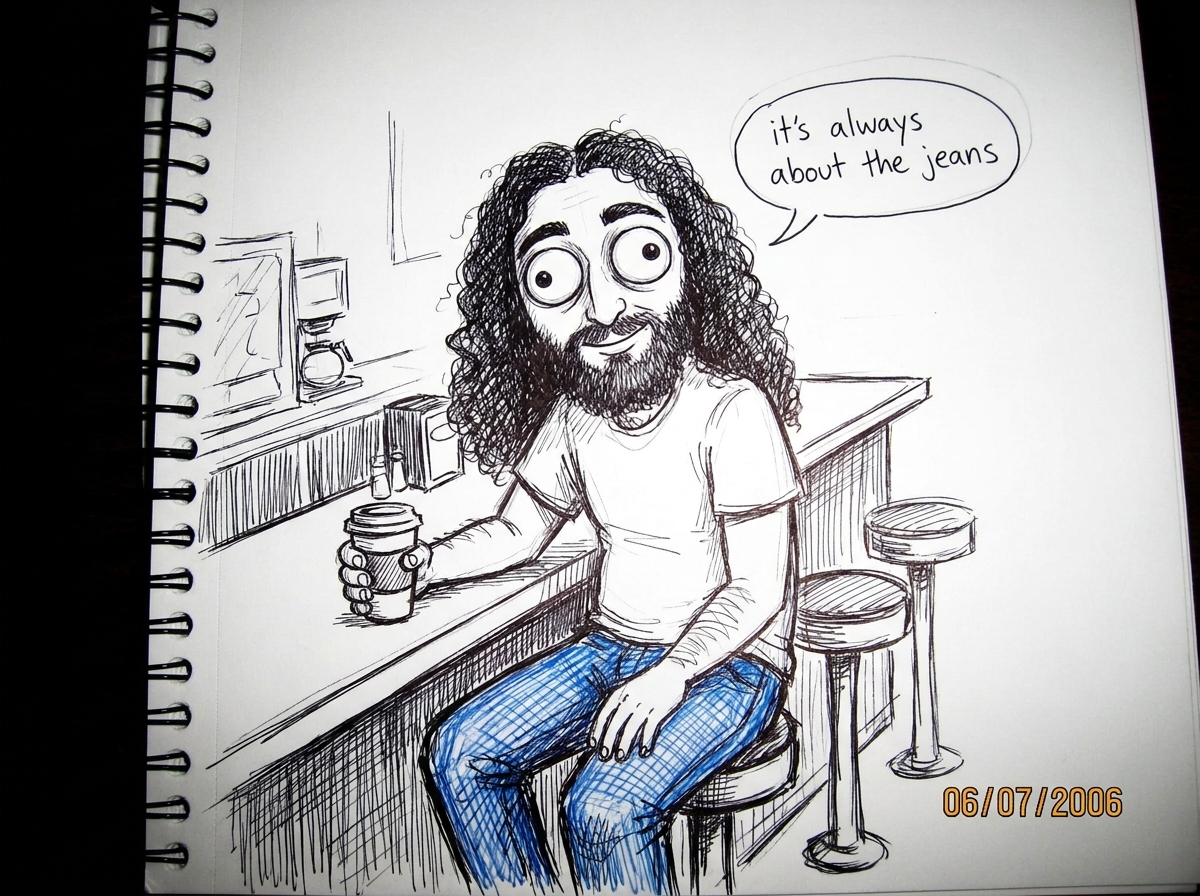 A cartoon doodle in black ballpoint pen on notebook paper of Gabriel Chantayan with a speech bubble that says 'it's always about the jeans' - he's drawn sitting at a diner counter holding a coffee cup, wearing a white t-shirt and jeans, with exaggeratedly large eyes and a goofy slight smile. The dra