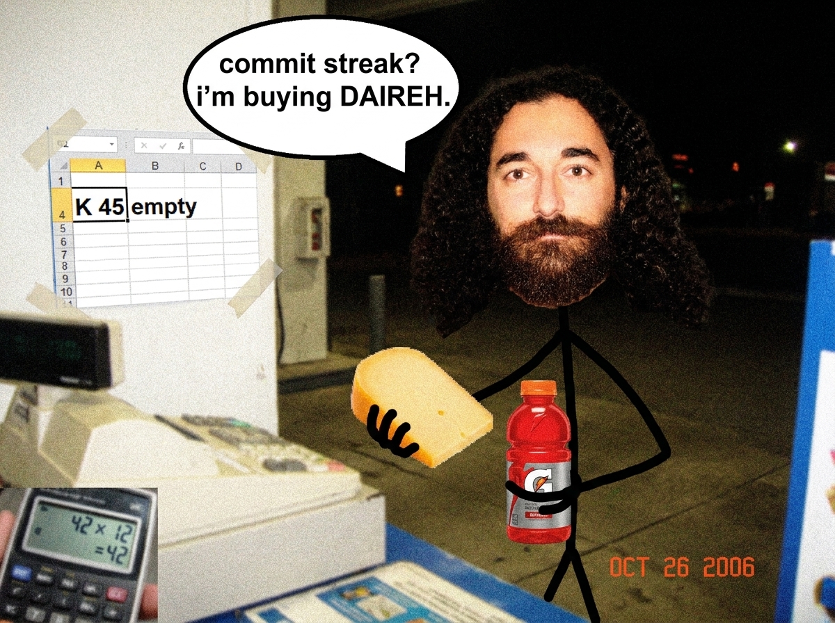 A quick MSPaint meme: a stick figure labeled 'Gabriel' standing at a gas station counter holding gouda cheese and a red Gatorade, with a speech bubble saying 'commit streak? i'm buying DAIREH.' Next to him is a spreadsheet printout taped to the wall showing Column K row 45 empty. In the corner a tin