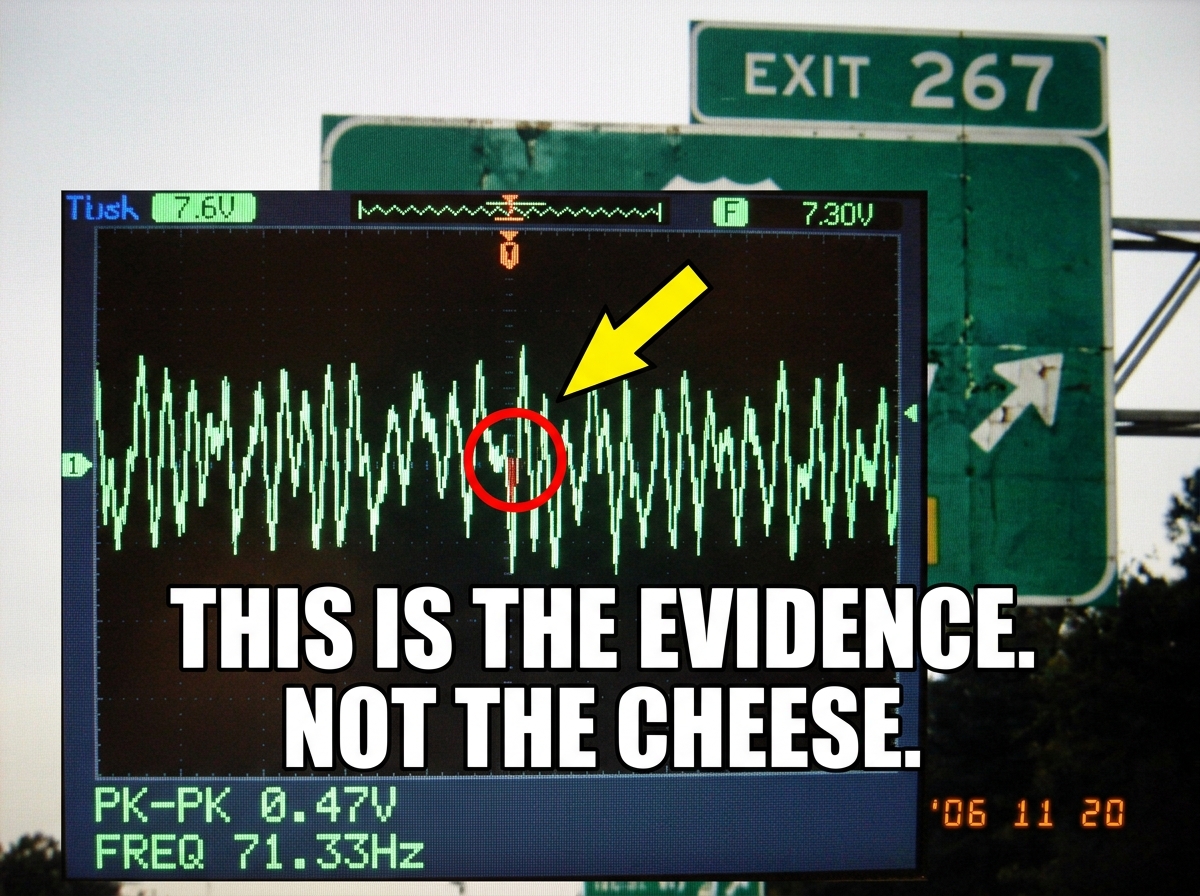 A grainy screenshot of an oscilloscope waveform captured from a CB radio, showing a 71.33 Hz carrier wave with a phase wrap marked in red at the 47th sample point. The scope's readout at the bottom shows 'PK-PK 0.47V' and 'FREQ 71.33Hz'. The screenshot has been annotated with a yellow arrow pointing