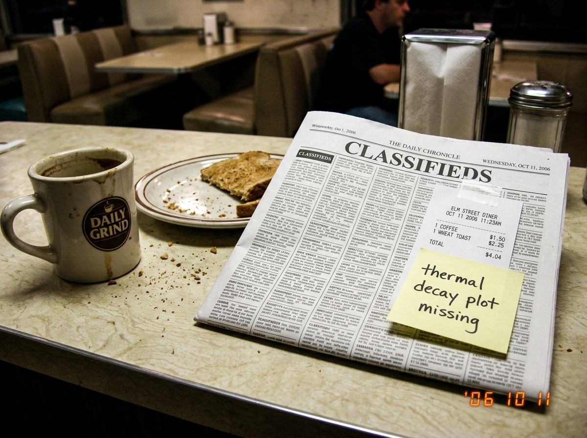 A greasy diner counter with a half-empty coffee cup, a plate with crumbs of wheat toast, and a newspaper open to the classifieds section. The classifieds page is pristine - no circles, no notes, no smudges. A single thermal receipt from the toaster is taped to the classifieds page with a Post-It tha