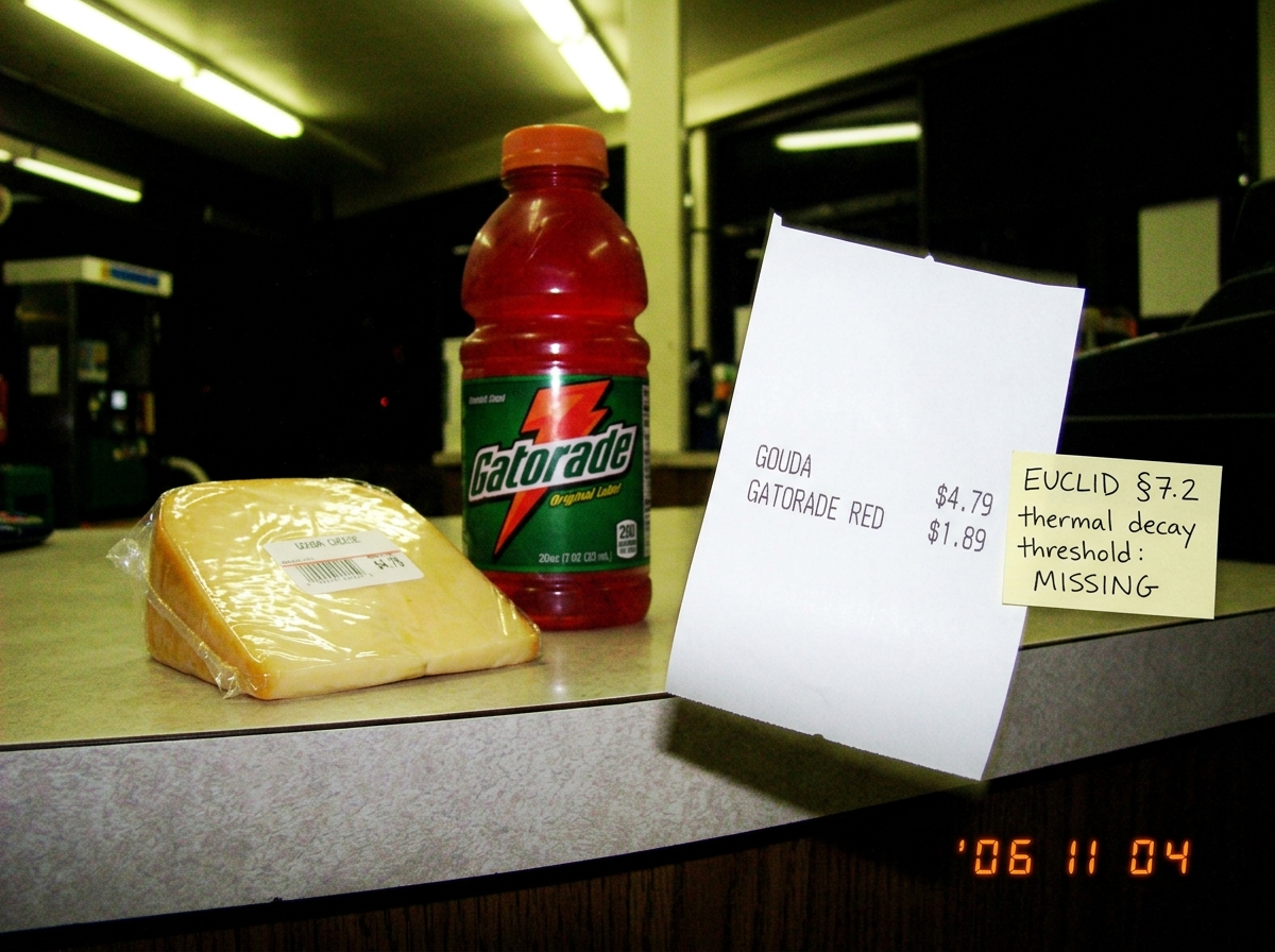 A gas station counter at night with a single block of gouda cheese and a red Gatorade bottle under harsh fluorescent lighting. A handwritten receipt flutters on the counter reading 'GOUDA $4.79 GATORADE RED $1.89' but the paper is blank except for those two lines. A tiny Post-It on the receipt says
