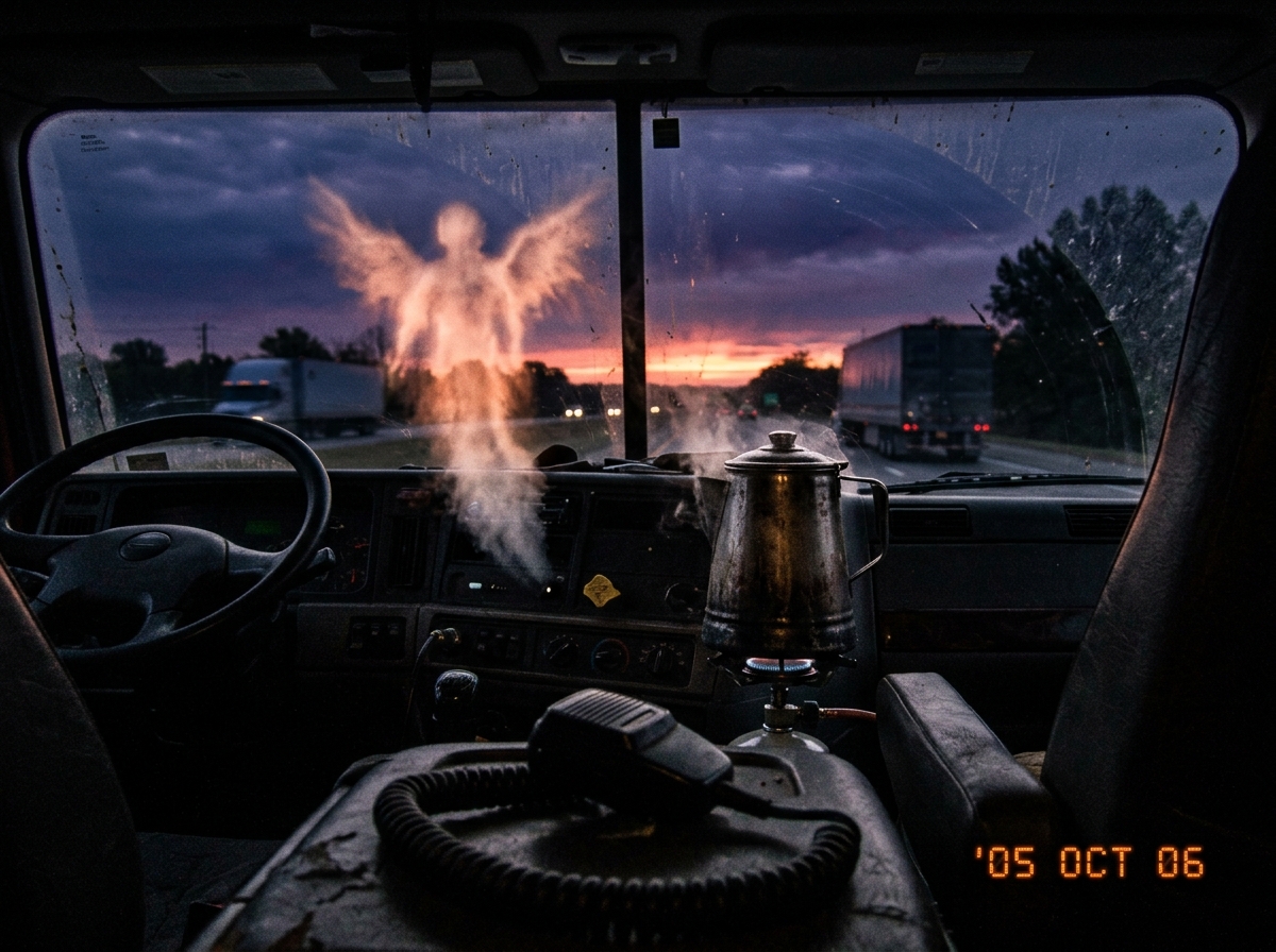 A grainy camera phone photo taken through a truck windshield just before sunrise. Steam rises from a metal camp coffee pot sitting on a portable burner wedged behind the driver's seat of a big rig. In the mid-left of the frame, the steam forms a vaguely winged, upright anthropomorphic shape lit by t