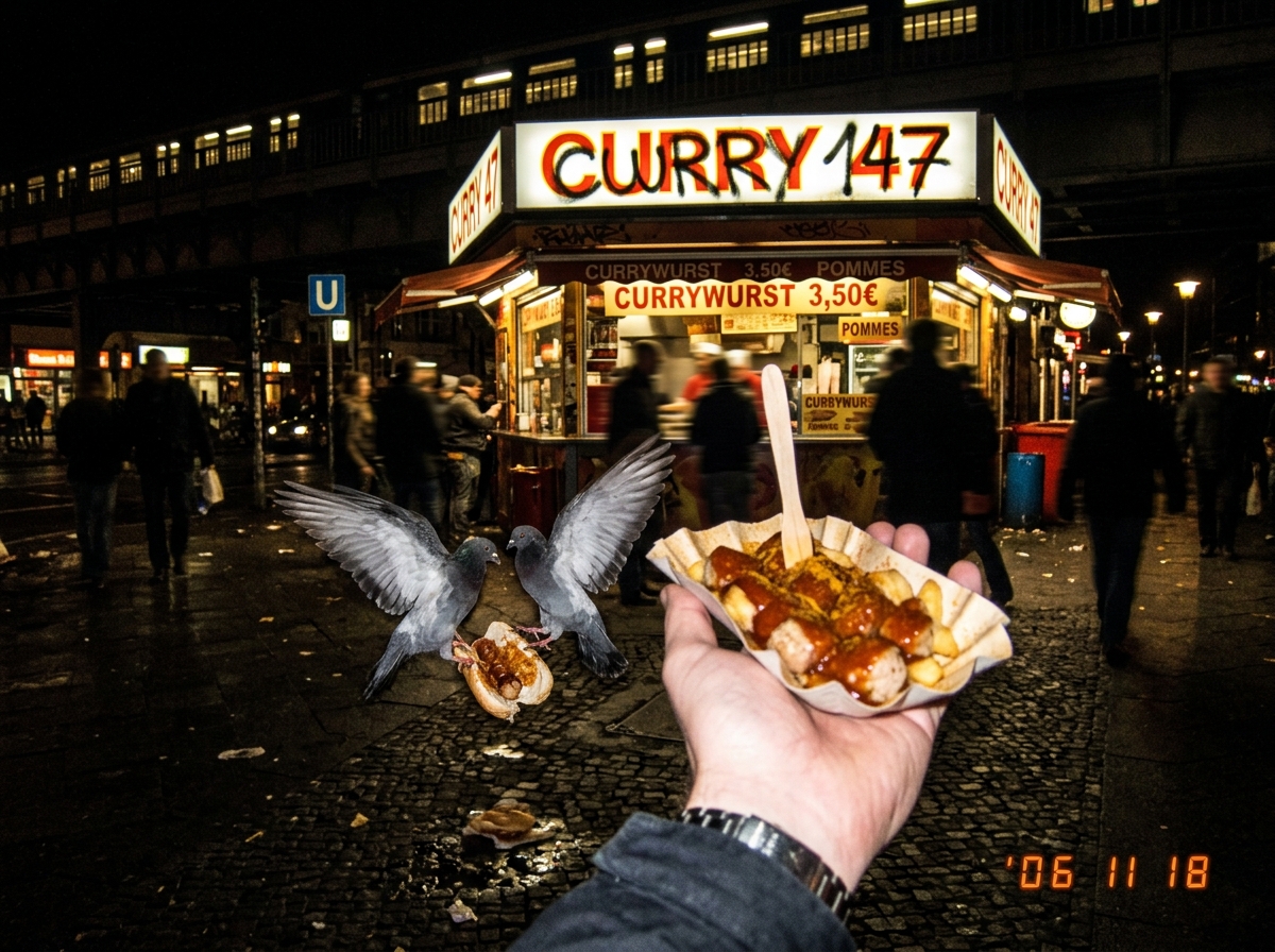 A blurry photo of a Berlin currywurst stand at night, Kottbusser Tor, with two pigeons fighting over a dropped bun in the foreground. The neon sign of the stand reads 'CURRY 47' which has been graffitied over to read 'CURRY 147'. A man's hand holds a paper tray of currywurst toward the camera. Off-t
