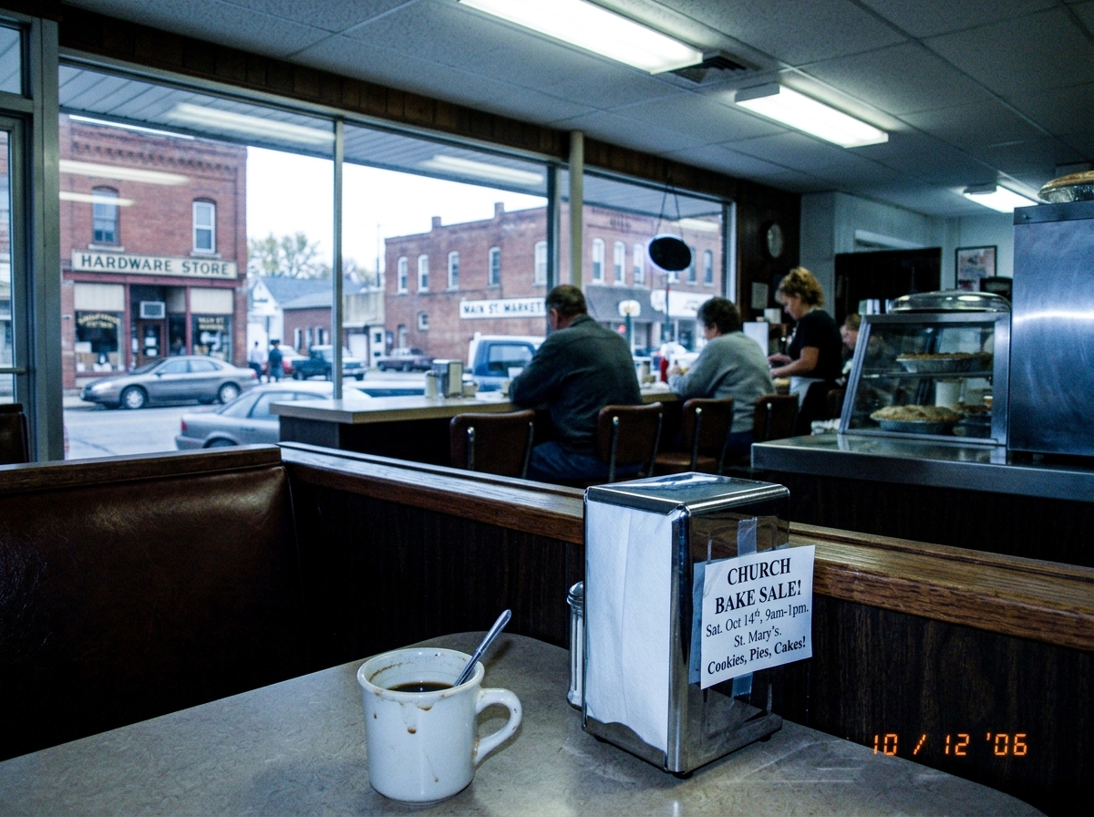 A diner counter seen from a booth, coffee cup half-full, a small town Main Street visible through the window. The lighting is fluorescent and slightly blue. A church bake sale flyer is taped to the napkin dispenser.