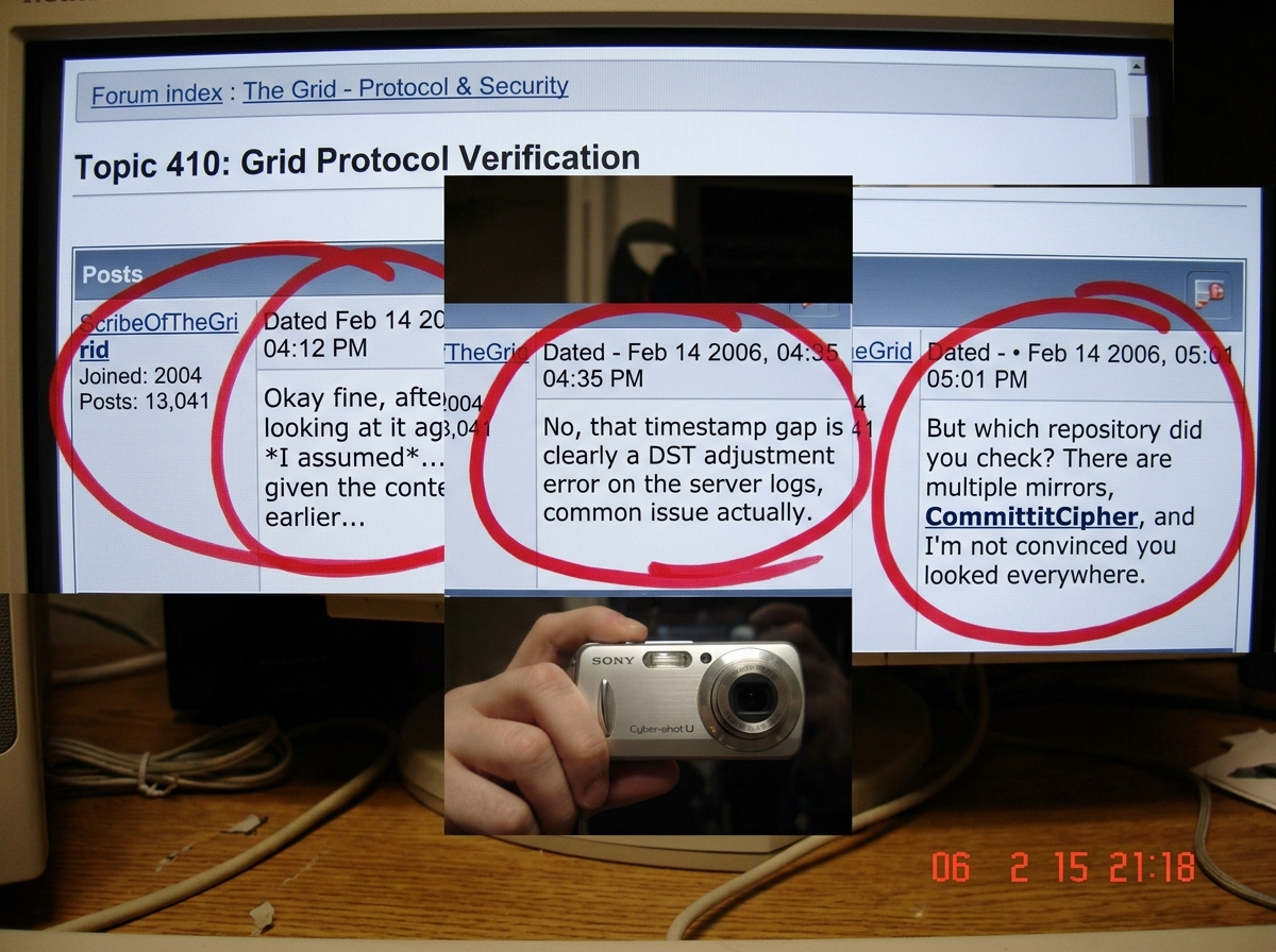 A composite screenshot on a CRT monitor showing three forum posts from ScribeOfTheGrid in topic 410, side by side. First panel: Scribe says 'I assumed' after 13 threads of demanding evidence from everyone else. Second panel: Scribe claims DST adjustment explains the timestamp gap. Third panel: Scrib