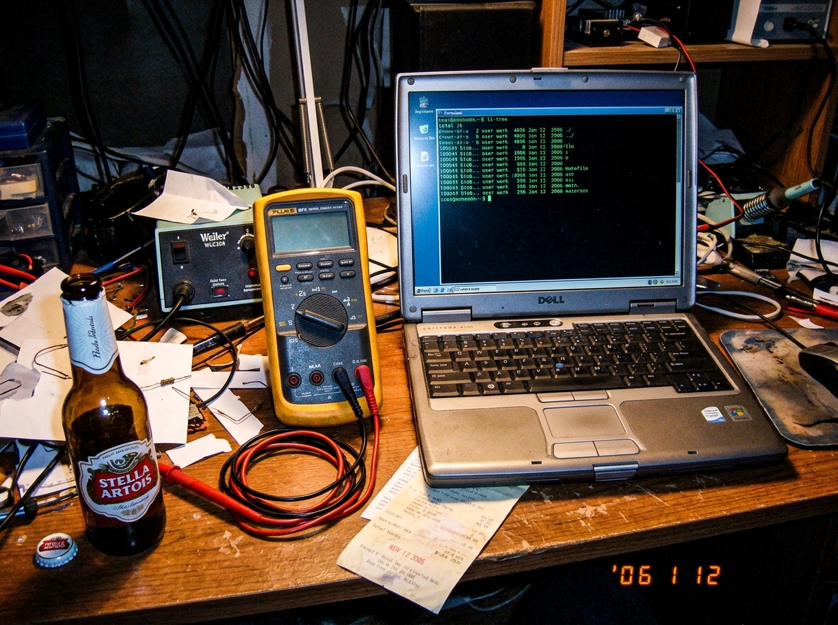 A Fluke 87V multimeter sitting on a messy desk next to an open laptop showing a terminal window with an ls-tree command output. A half-empty beer bottle is in the foreground. A crumpled receipt with a 2005 date is partially visible under the laptop. The meter screen is off.