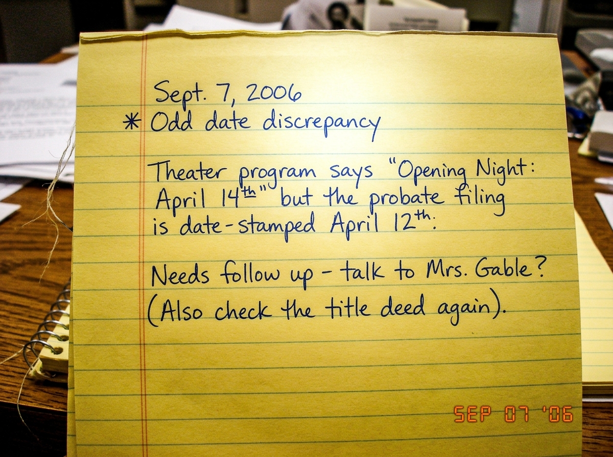 A scanned handwritten note on a yellow legal pad, dated September 7, 2006, with neat cursive text noting the date discrepancy between the theater program and probate filing.