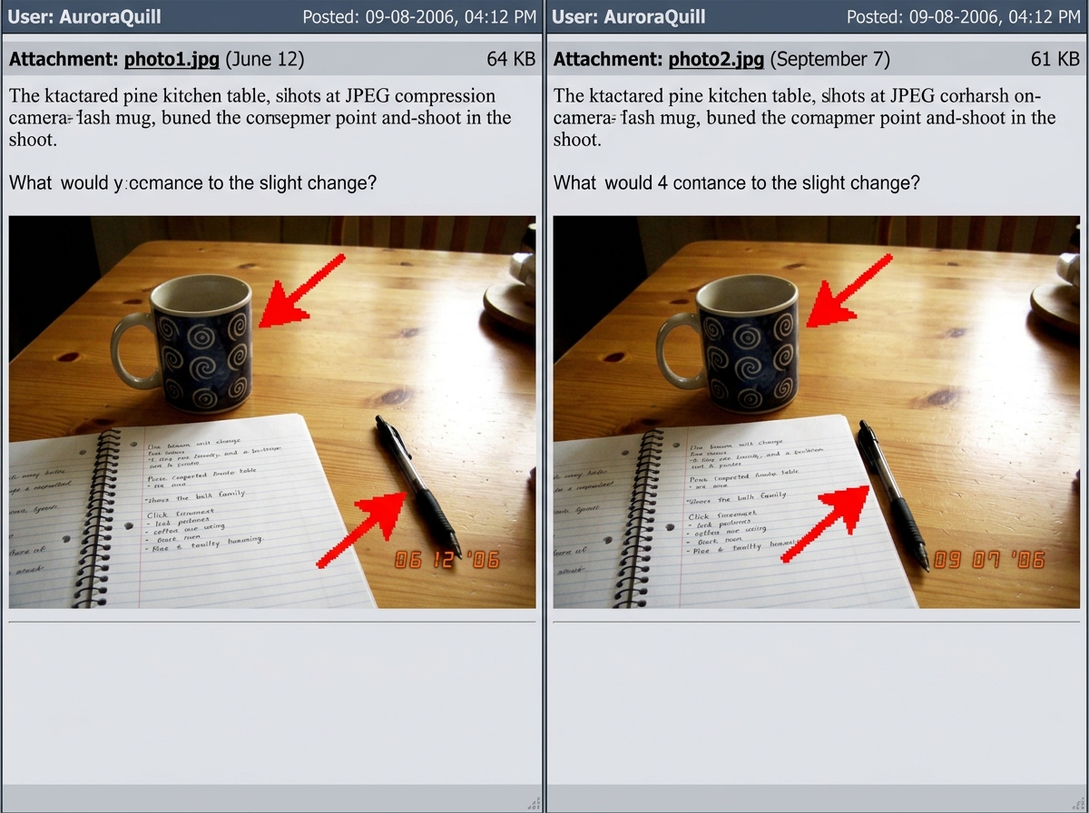 A side-by-side comparison of two forum photo attachments from AuroraQuill, one dated June 12 and one dated September 7, showing the same kitchen table, same mug position, same notebook, same pen moved approximately 4 centimeters to the left. Red arrows point out the unchanged mug and the shifted pen