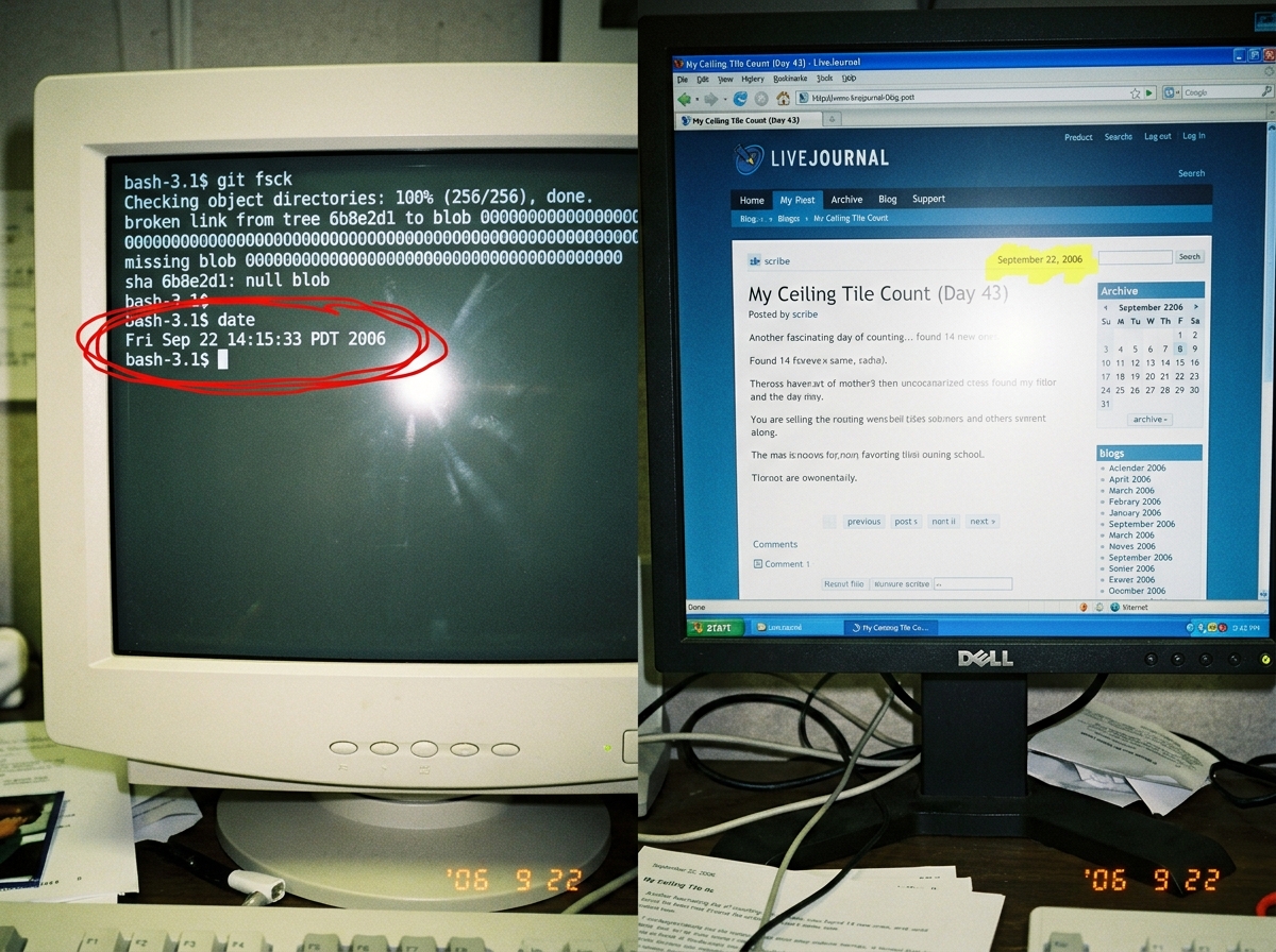 A split-screen collage: left side is a terminal showing 'sha 6b8e2d1: null blob' with the date circled, right side is Scribe's ceiling tile count post with the same date highlighted