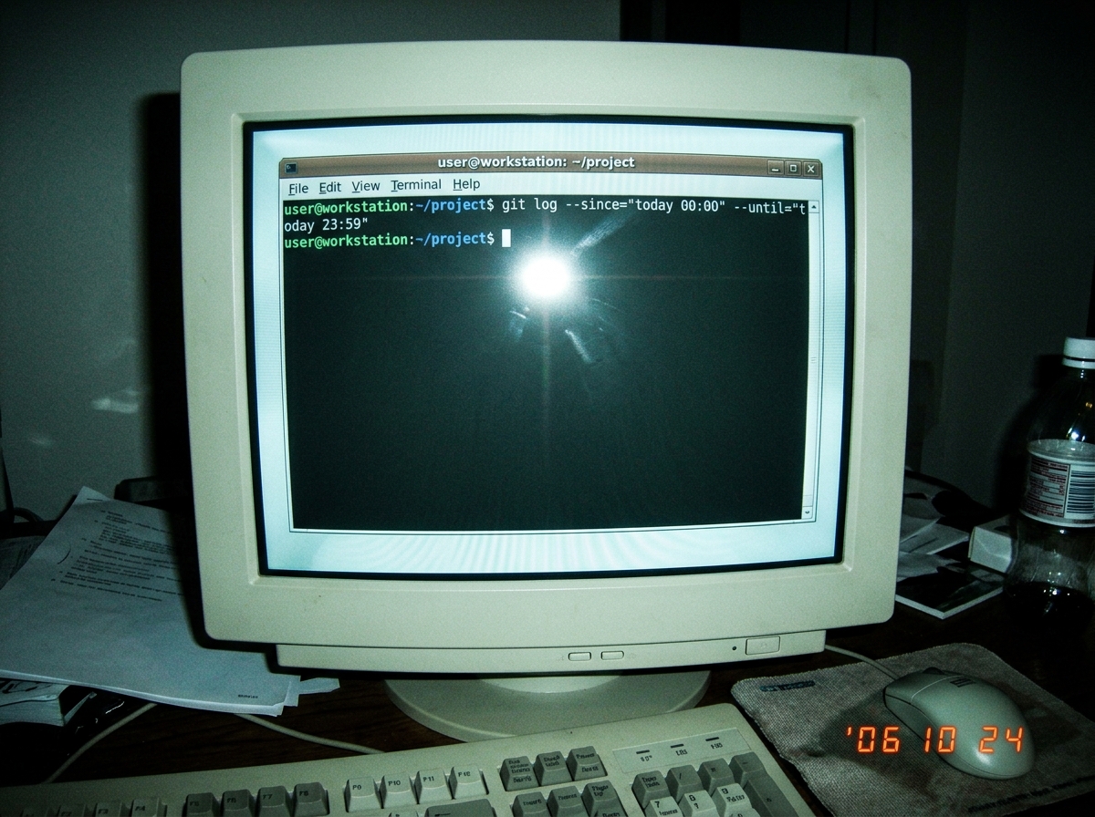 A screenshot of a git commit log showing zero entries for today, with the date highlighted, a stark terminal window
