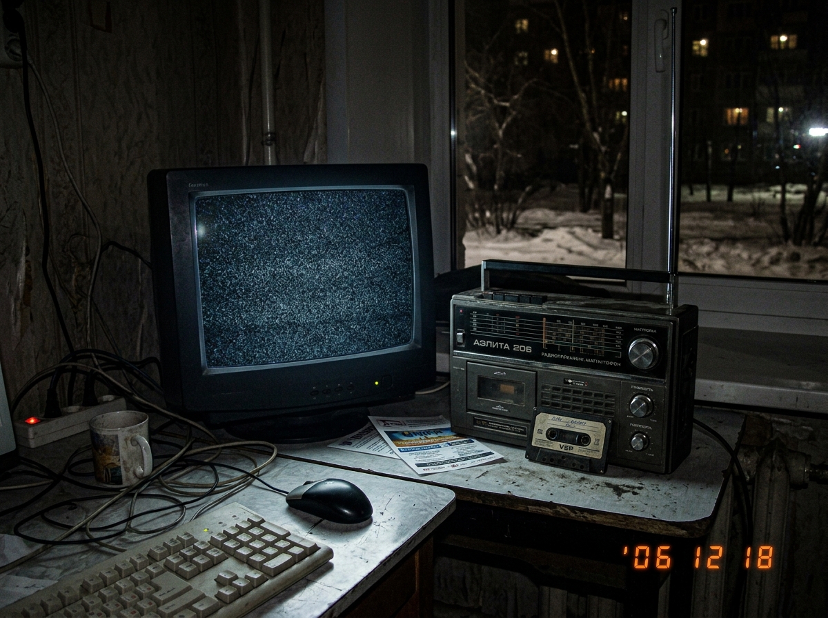 A grainy nightphoto from Novosibirsk internet cafe showing a Russian analog radio and cassette recorder on table, static on screen, no green glow, just empty winter darkness