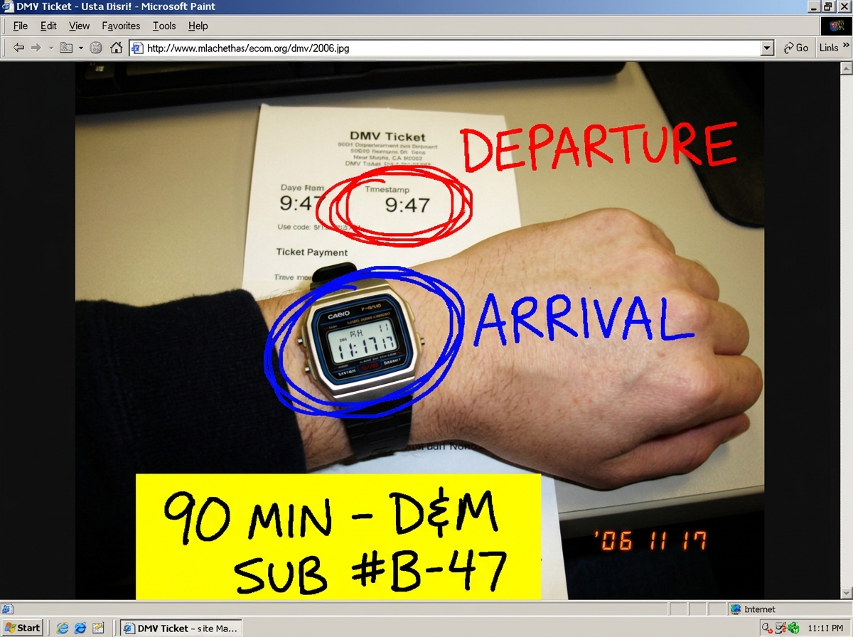 A crudely edited version of the earlier DMV ticket photo. The 9:47 ticket time is circled in red marker with 'DEPARTURE' scrawled, and the 11:17 watch face is circled in blue with 'ARRIVAL' scrawled. A yellow sticky note is pasted at the bottom reading '90 MIN - D&M SUB #B-47'. Drawn in MS Paint wit