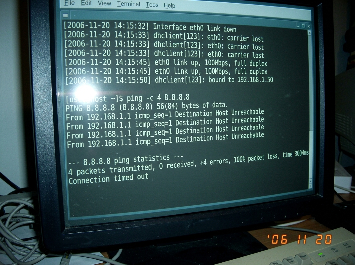 Terminal window showing network disconnection and reconnection logs with timestamps, a ping command output, and an error message 'Connection timed out'