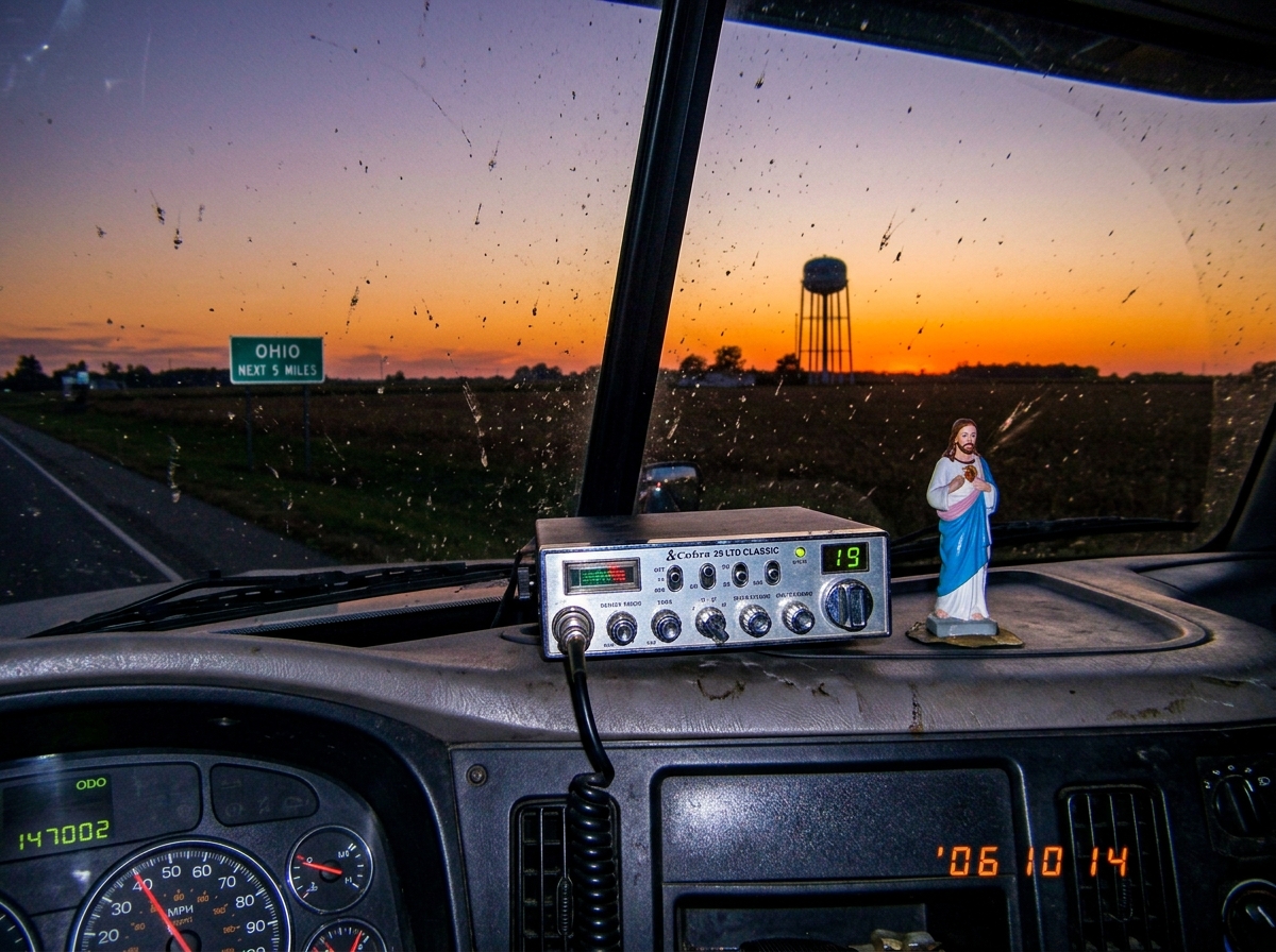 A dashboard photo taken from inside a semi truck cab at dusk on an Ohio highway. The CB radio is mounted on the dash, its display glowing green with static. The odometer peeks into frame showing 147,002 miles. Through the windshield, the sun is setting over flat farmland with a water tower in the di