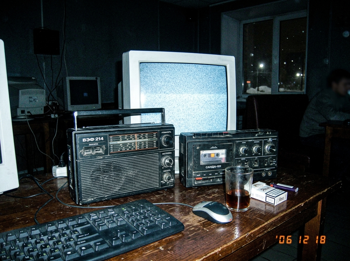 Grainy night photo from Novosibirsk internet cafe showing Russian analog radio and cassette recorder on table, static on screen, no green glow, just empty winter darkness