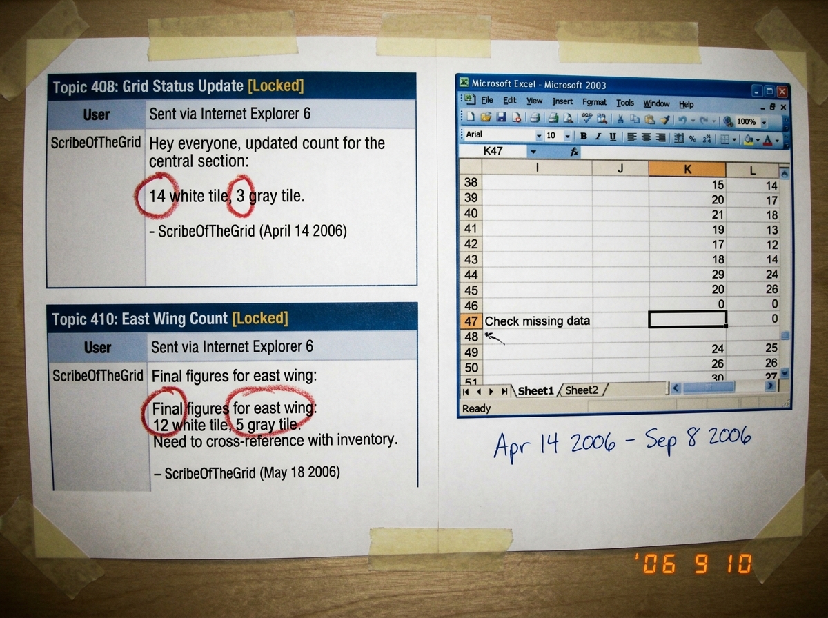 A screenshot of ScribeOfTheGrid's posts side-by-side: topic 408 says '14 white tile, 3 gray tile' and topic 410 says '12 white tile, 5 gray tile', with a red circle around the numbers, next to a spreadsheet screenshot of column K row 47 showing blank/empty cell, timestamped April 14 2006 to Sep 8 20