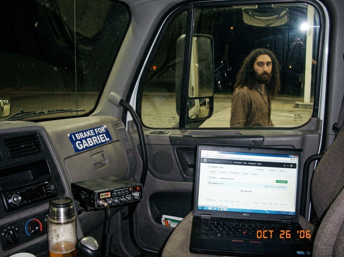 A photo taken from a trucker's window at a rest stop, showing a laptop screen open to a GitHub page for 'rustypod' with 0 commits. The laptop is balanced on the passenger seat next to a CB radio and a half-empty thermos of coffee. The dashboard has a bumper sticker that says 'I BRAKE FOR GABRIEL' in
