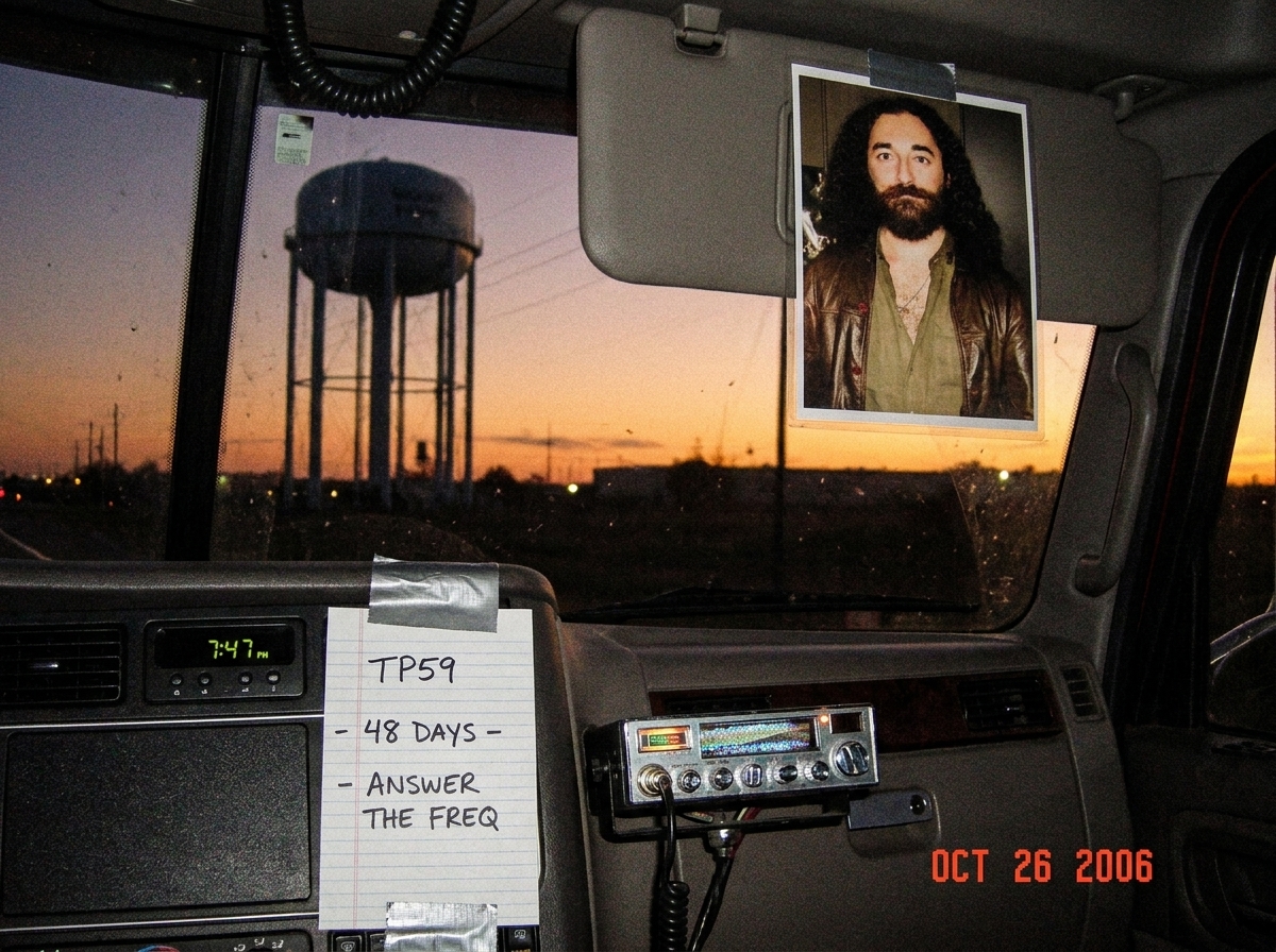 A photo taken from the driver's seat of a semi truck at dusk. The dashboard clock reads 7:47 PM. A CB radio is mounted under the dash with the frequency display showing a static-filled channel. A laminated photo of Gabriel Chantayan is taped to the visor. Through the windshield, a water tower is sil