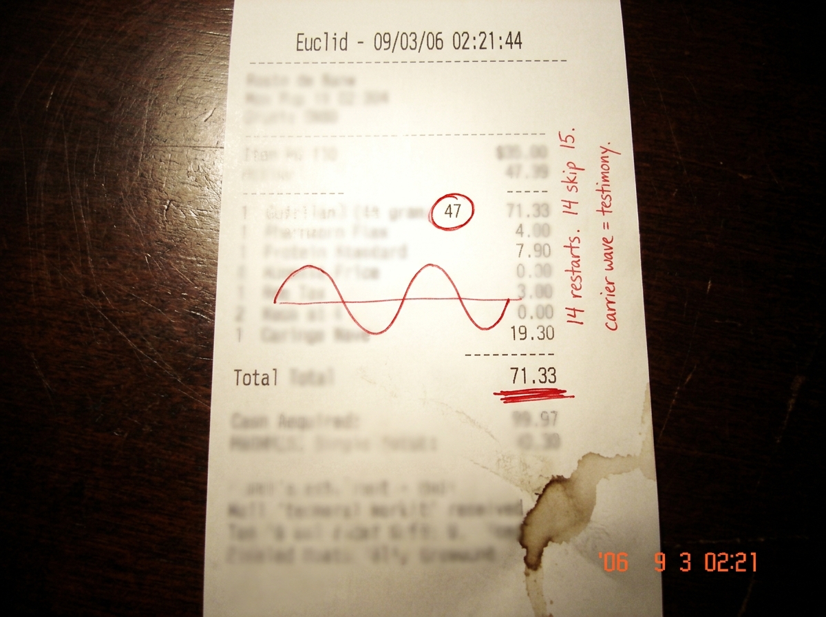 A thermal receipt printout laid flat on a dark surface. The receipt text is mostly illegible thermal paper fade, but someone has traced over the key characters in red pen: '47' circled, '71.33' underlined, and a hand-drawn sine wave overlaid on the blank space between price lines. A coffee stain nea