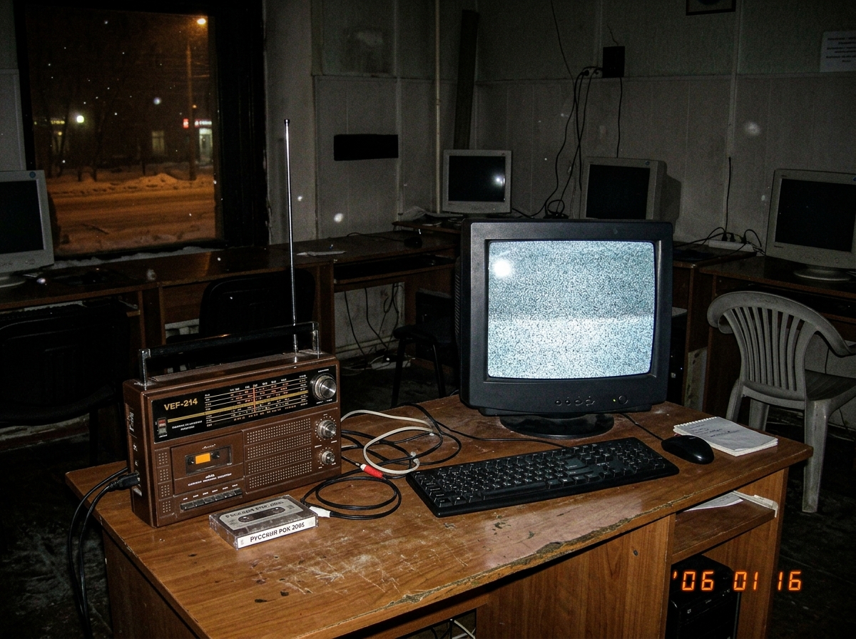 Grainy night photo from Novosibirsk internet cafe showing Russian analog radio and cassette recorder on table, static on screen, no green glow, just empty winter darkness