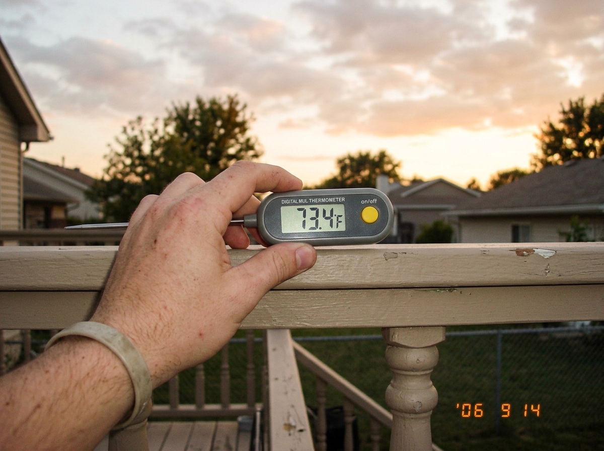 A handheld digital thermometer held up against a suburban back porch railing, reading 73.4 degrees Fahrenheit, pointing at a normal evening sky with ordinary golden-hour sunlight, nothing unusual visible.