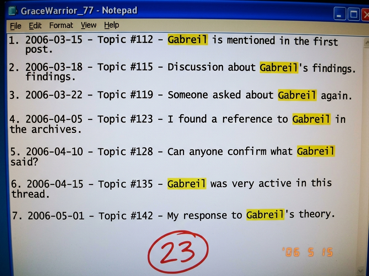 A screenshot of a Notepad window showing a numbered list of forum posts by GraceWarrior_77, each entry with a date, topic number, and the word 'Gabreil' highlighted in yellow. At the bottom, circled in red pen marker, the number 23.