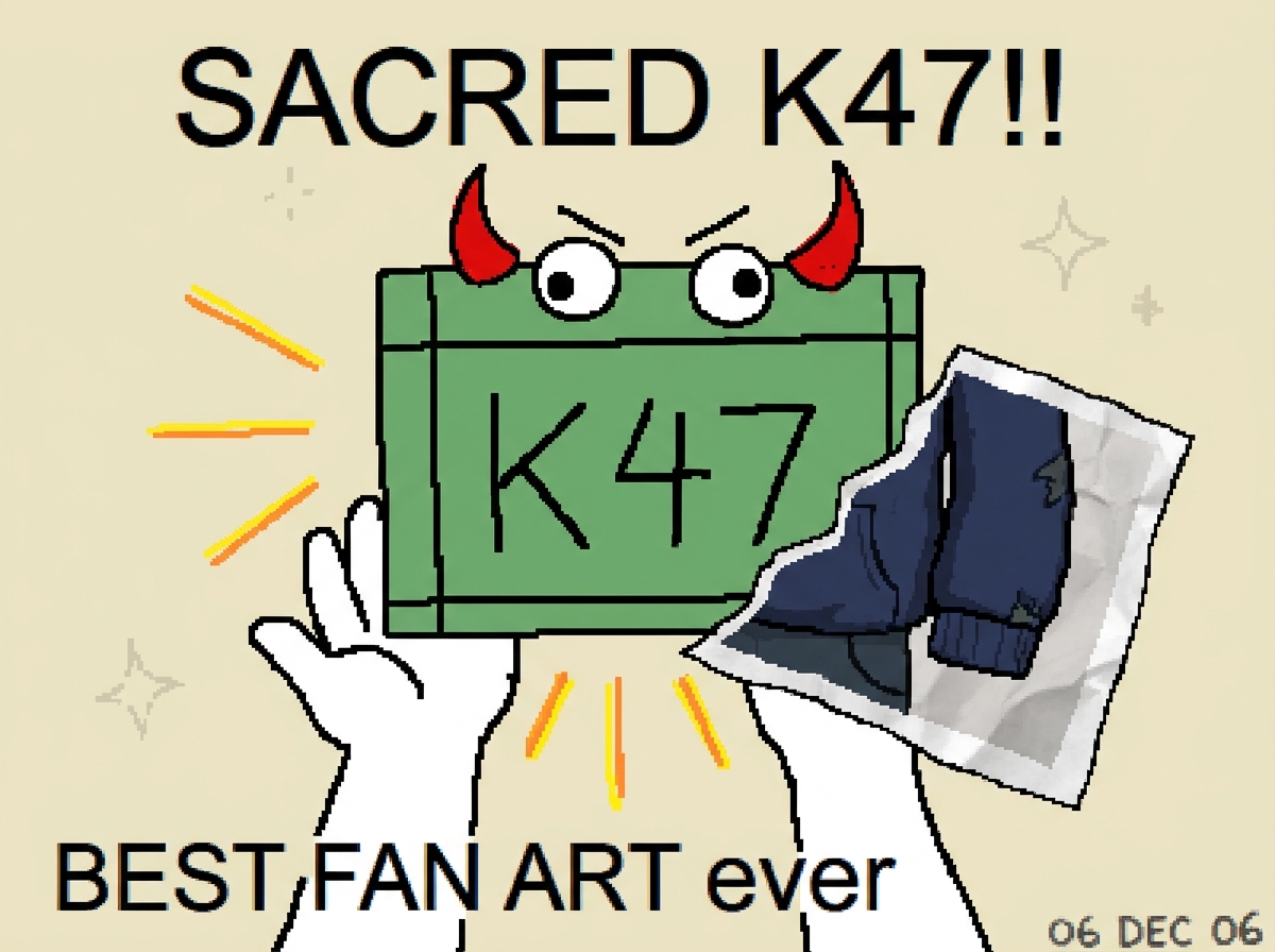 fan art drawing of a spreadsheet cell K47 with googly eyes and devil horns, held up like a sacred relic, with a torn photograph of a hoodie cuff peeking out from behind it, drawn in MS Paint style