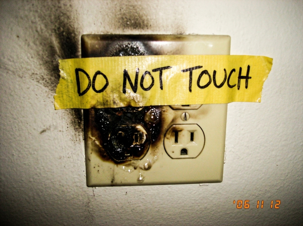a close-up photo of a charred electrical outlet with black scorch marks and melted plastic, labeled 'DO NOT TOUCH' in yellow tape
