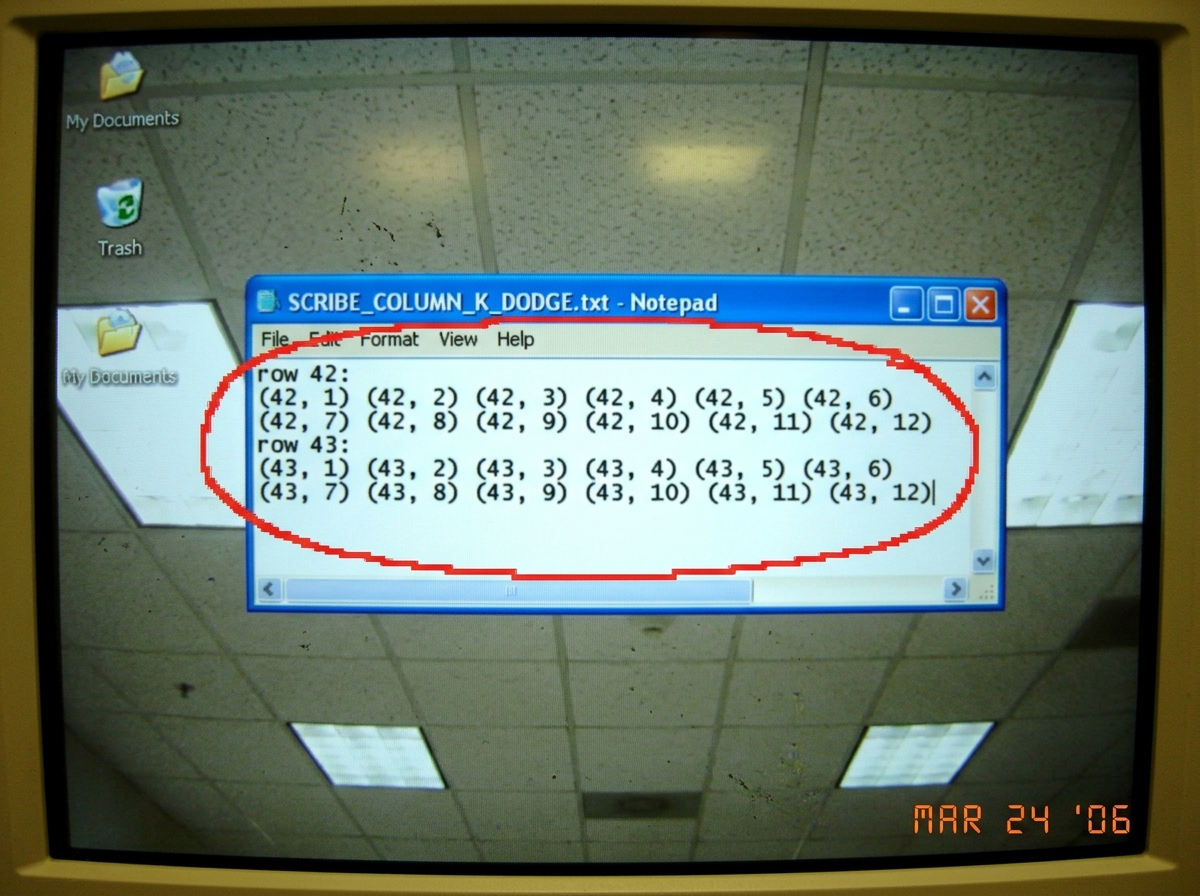 A blurry desktop screenshot showing a Notepad window titled 'breakroom_tiles.txt' with only tile coordinates from row 42 and 43 listed, circled in red paintbrush tool. The filename in the window title is 'SCRIBE_COLUMN_K_DODGE.txt' and the desktop background is a pixelated photo of a ceiling grid.