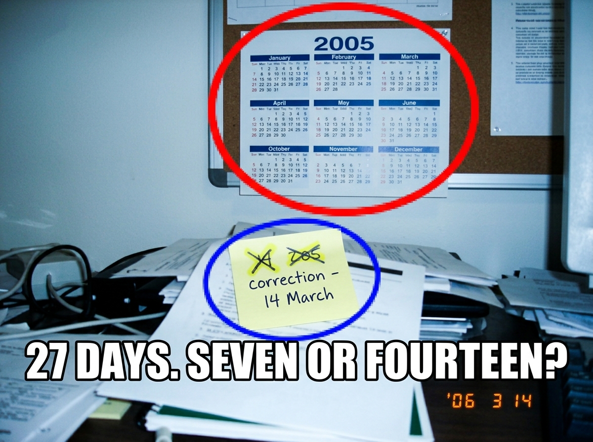 An edited screenshot of ElderProphet07's March 14th correction photo, with a bright red circle around a wall calendar in the background showing 2005, and a blue circle around a sticky note on the desk that reads 'correction - 14 March' with highlighter bleed-through visible on the X mark. Text overl