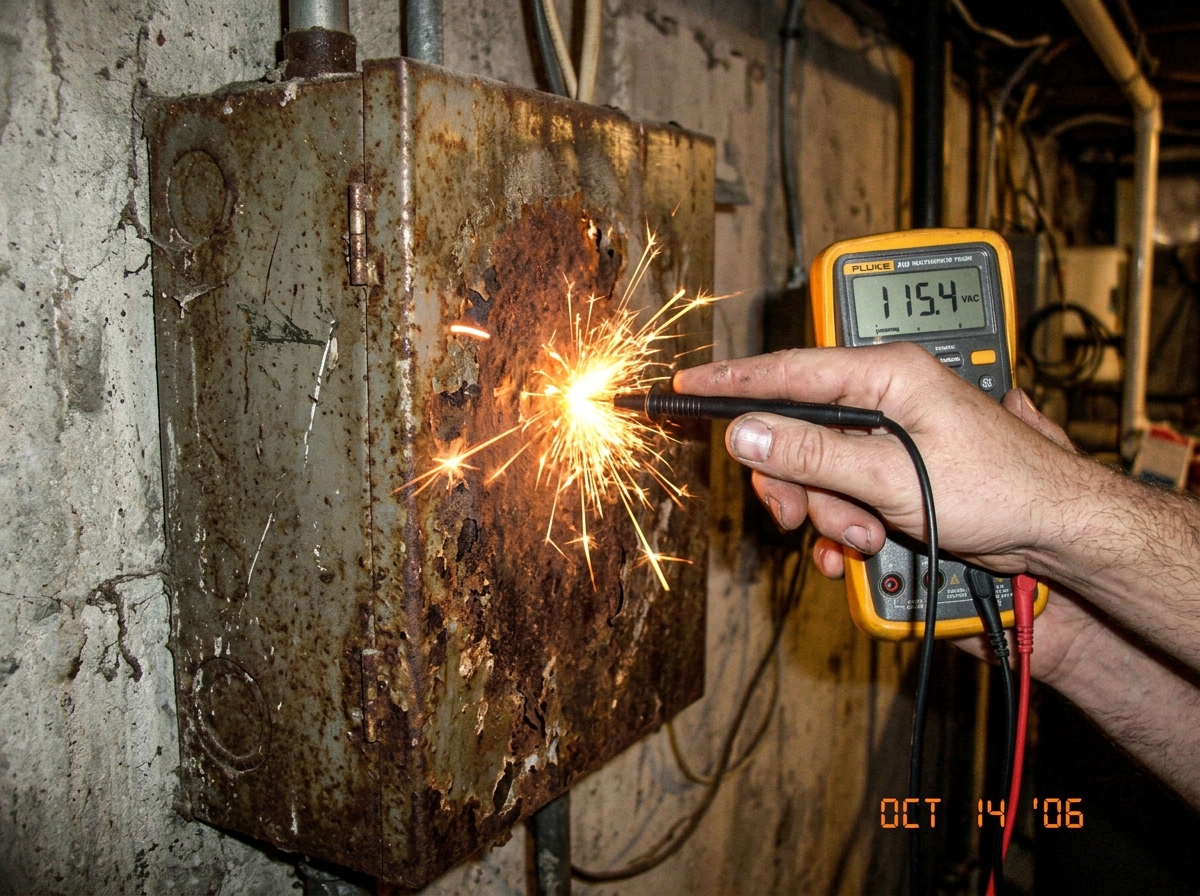 a hand holding a multimeter probe touching a rusty utility box with sparks flying
