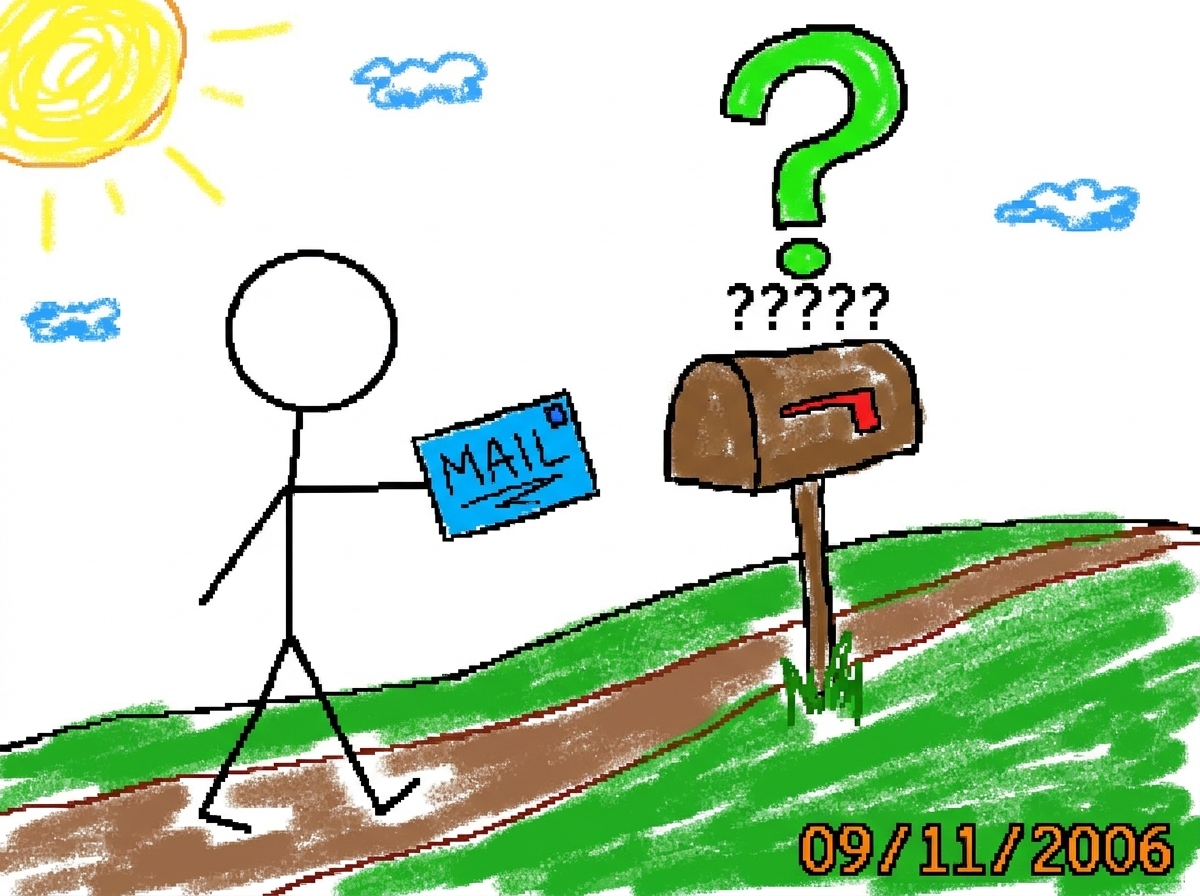 A rough MS Paint drawing of a stick figure holding a letter, with a giant question mark over the mailbox. Crudely drawn.