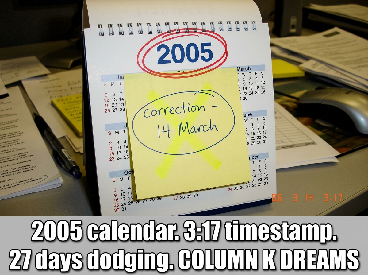 An edited screencap of ElderProphet07's March 14th correction photo - a desk with a wall calendar showing 2005 circled in red, a sticky note reading 'correction - 14 March' circled in blue with visible highlighter bleed-through on the X mark. Text overlay in Impact font at the bottom: '2005 calendar
