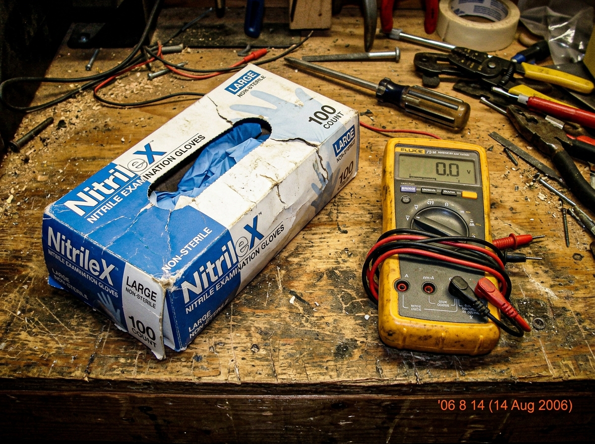 a crumpled medical supply box for nitrile gloves lying next to a multimeter on a workbench