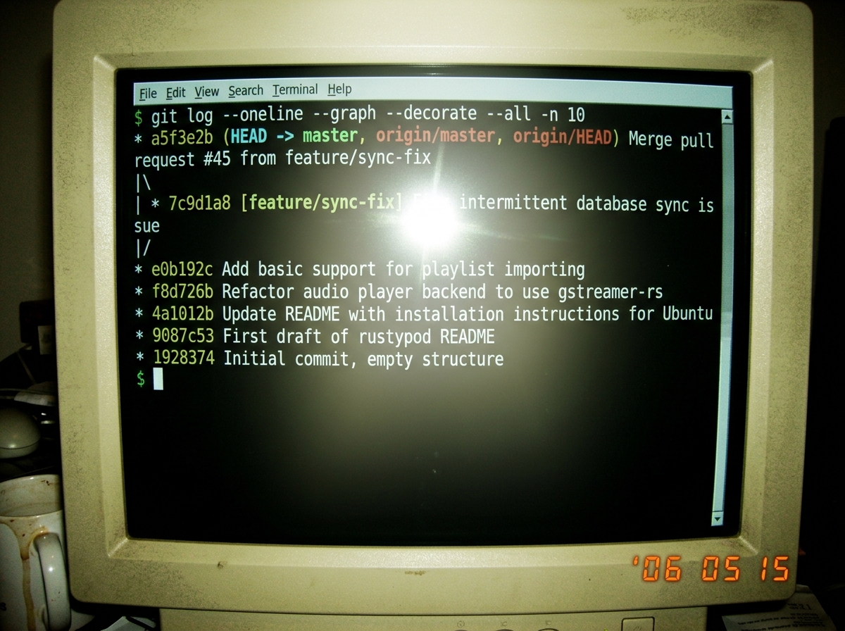 a screenshot of a git log showing recent commits to a repository called rustypod