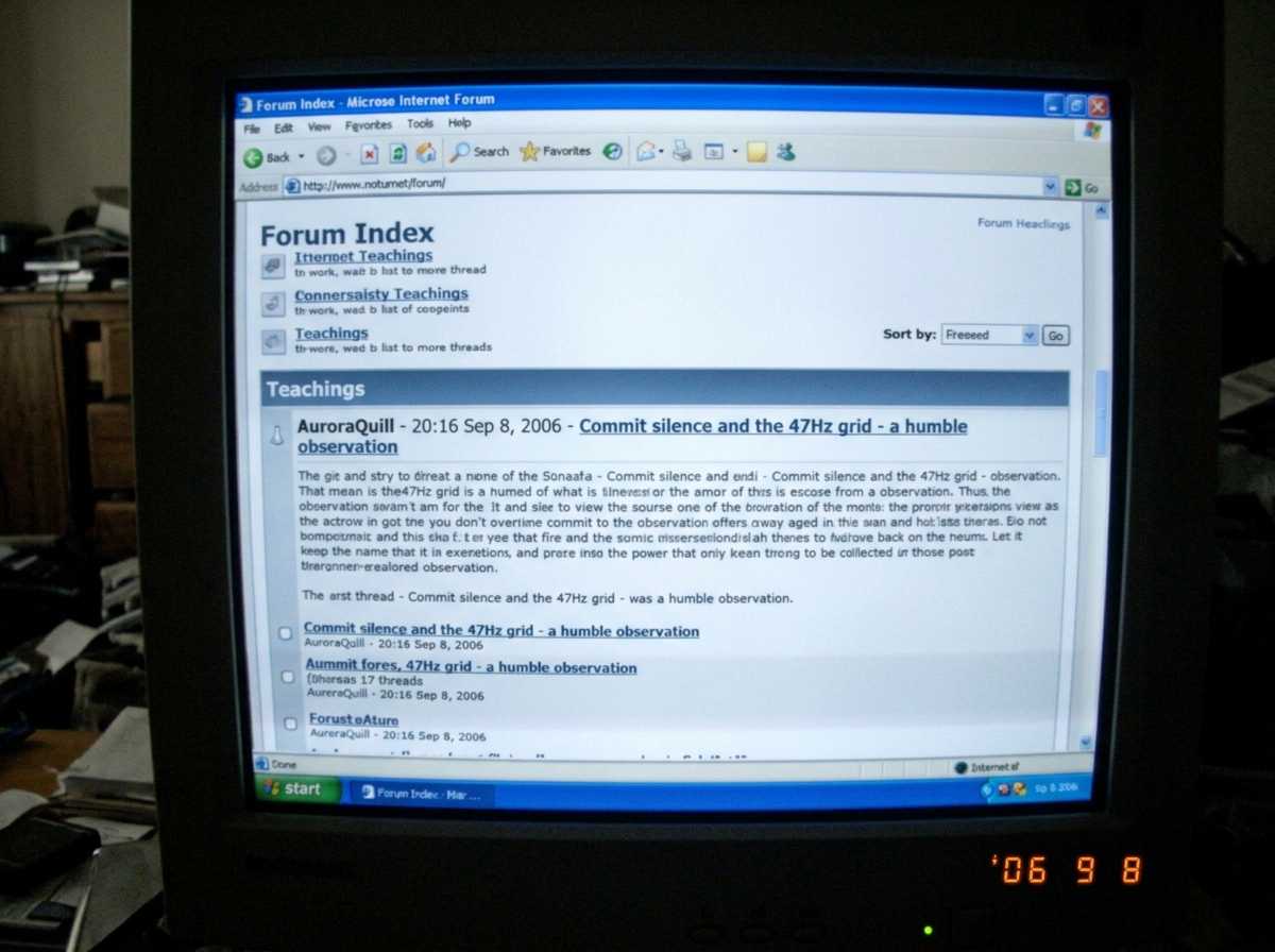 Screenshot of a printed index page showing the post header 'AuroraQuill - 20:16 Sep 8, 2006 - Commit silence and the 47Hz grid - a humble observation' with the 'teachings' board heading and the 2006 system date below.