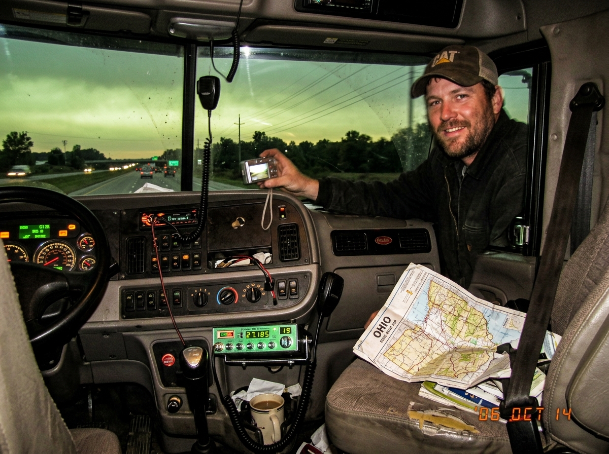 A selfie taken from inside a truck cab showing the dashboard with a CB radio unit mounted below the dash, and a crumpled map of Ohio visible on the passenger seat. The radio display shows a frequency reading. Through the windshield, the sky is a strange greenish color at dusk.