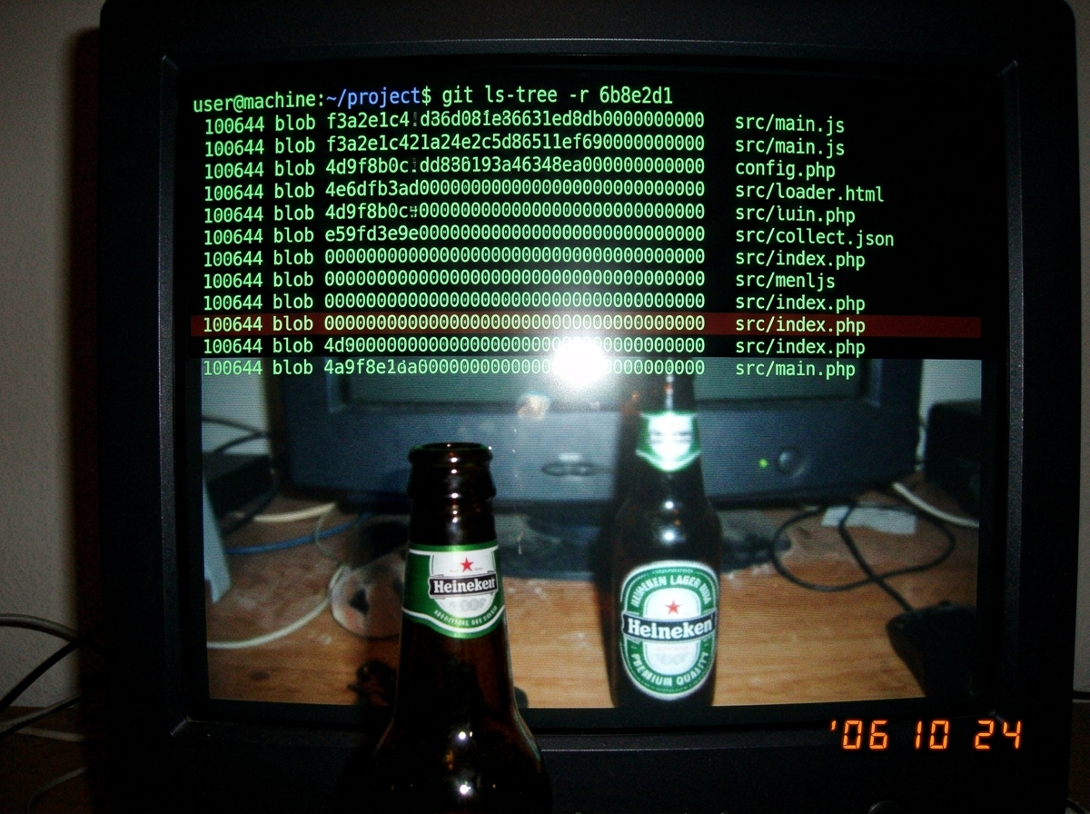 A terminal window showing git ls-tree output on commit 6b8e2d1, with a highlighted line showing row 47 as '0000000000000000000000000000000000000000' - a full null hash. The terminal background is dark, and a beer bottle is visible in the foreground reflection.