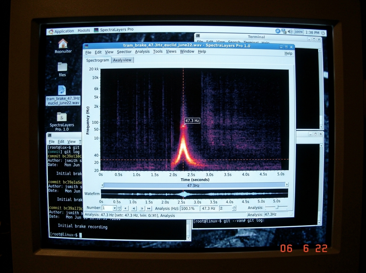 A spectrogram screenshot from a software audio analyzer, showing a prominent frequency peak centered at 47 Hz. The window title reads 'tram_brake_47.3Hz_euclid_june22.wav' and the time selection highlights exactly 47.3Hz. The background is a dark desktop with a terminal showing git log partially vis