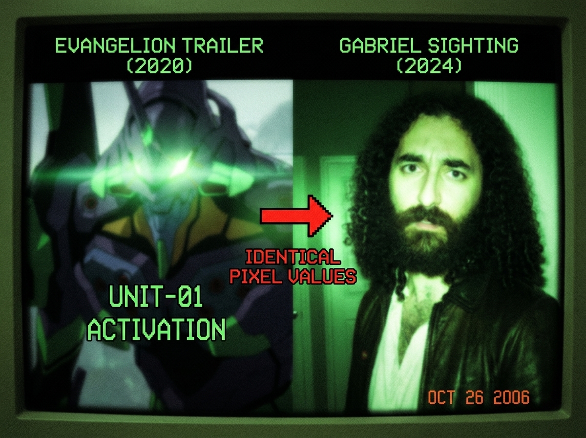 A split-screen comparison: left side is a screenshot from an Evangelion trailer showing a green glow/lighting effect, right side is a claimed Gabriel sighting photo with the same green gamma cast. A red arrow points out identical pixel values in both images across a gradient.