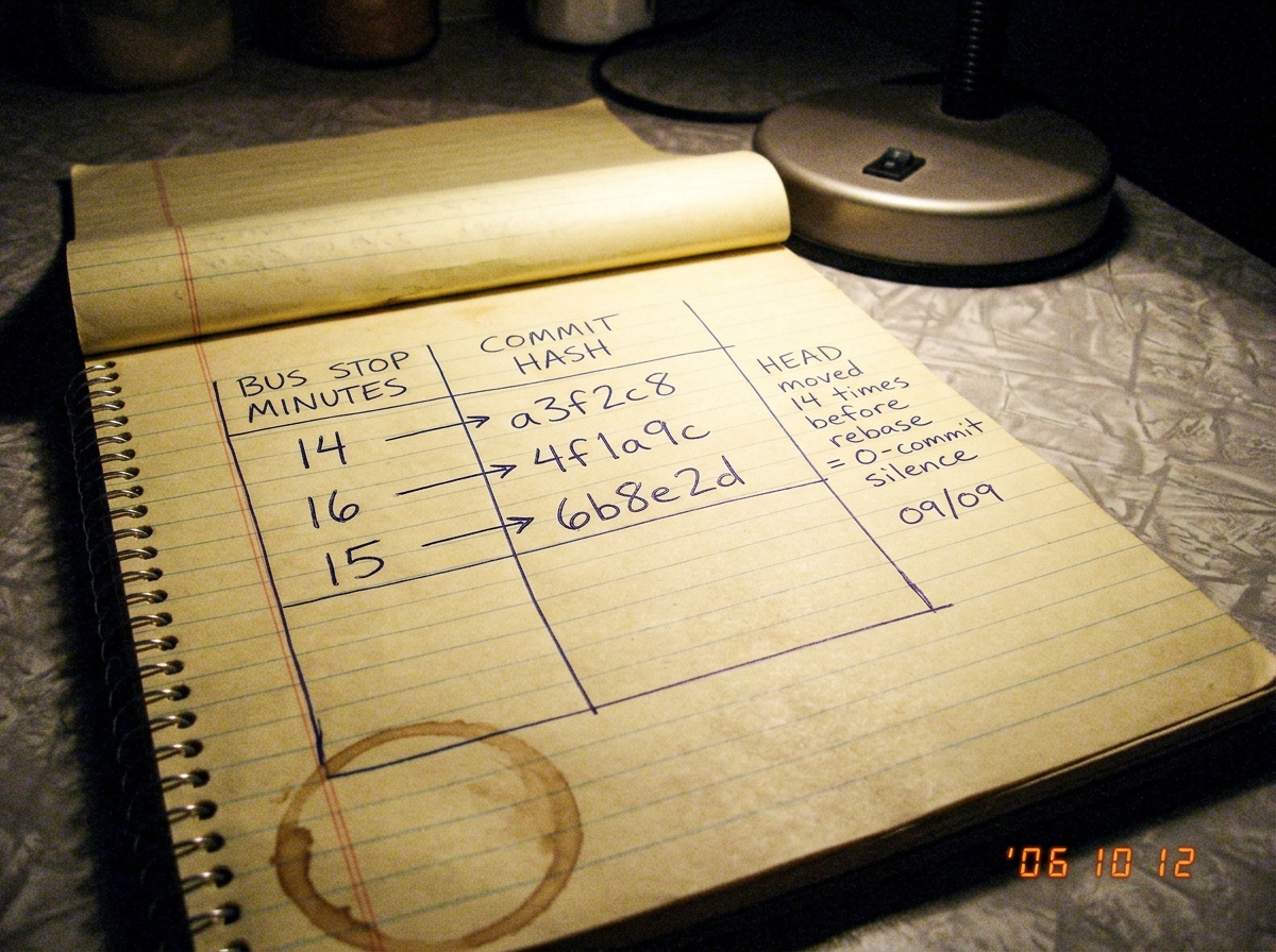 A worn spiral notebook open on a kitchen table under a desk lamp. The left page has a hand-drawn grid with columns labeled 'BUS STOP MINUTES' and 'COMMIT HASH'. Numbers 14, 16, 15 are written in one column with arrows connecting to SHA hashes a3f2c8, 4f1a9c, 6b8e2d. The right margin has shaky handwr